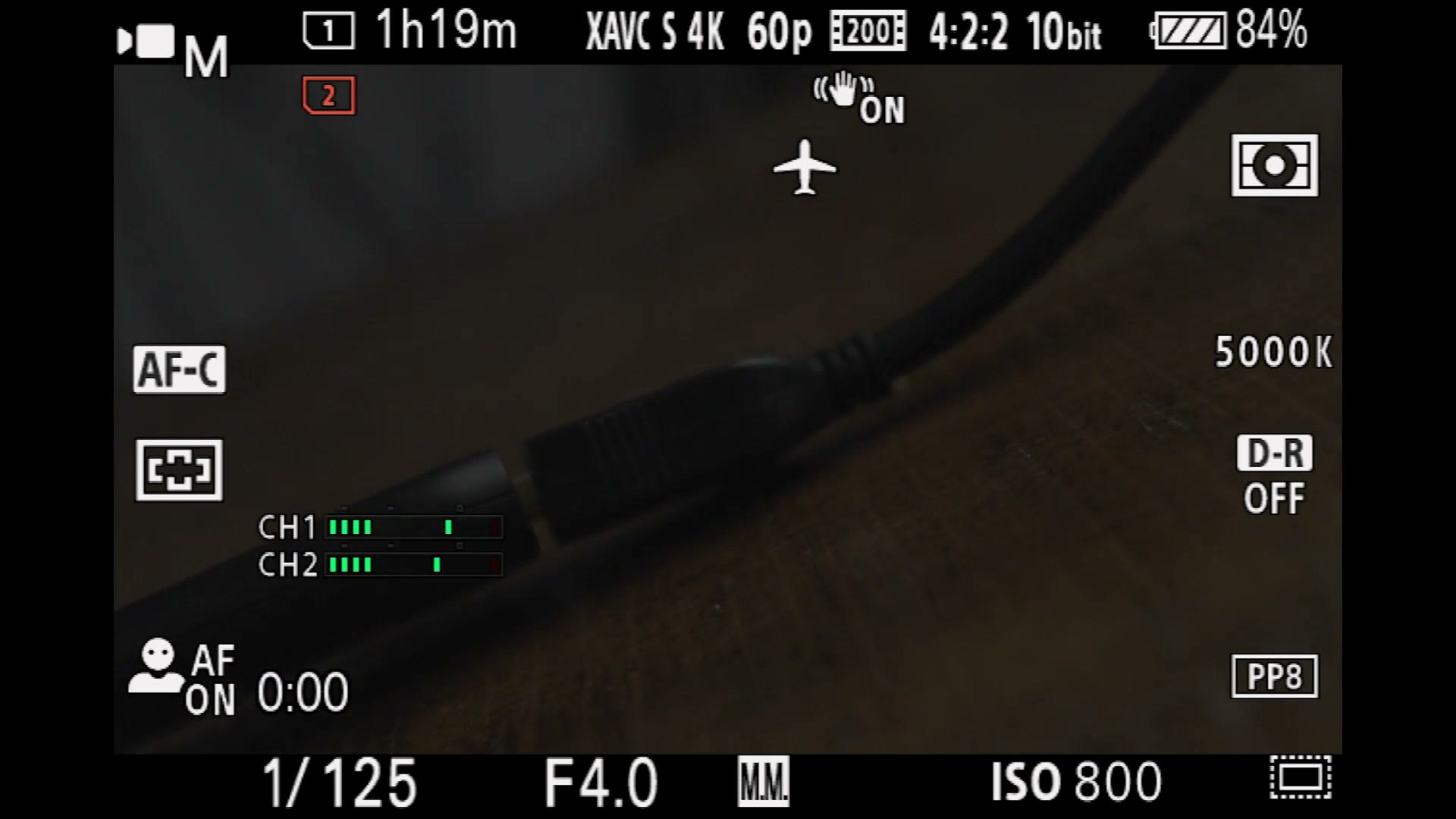 Sony a7 IV rear screen showing 60p recording at 1/125 shutter and ISO 800