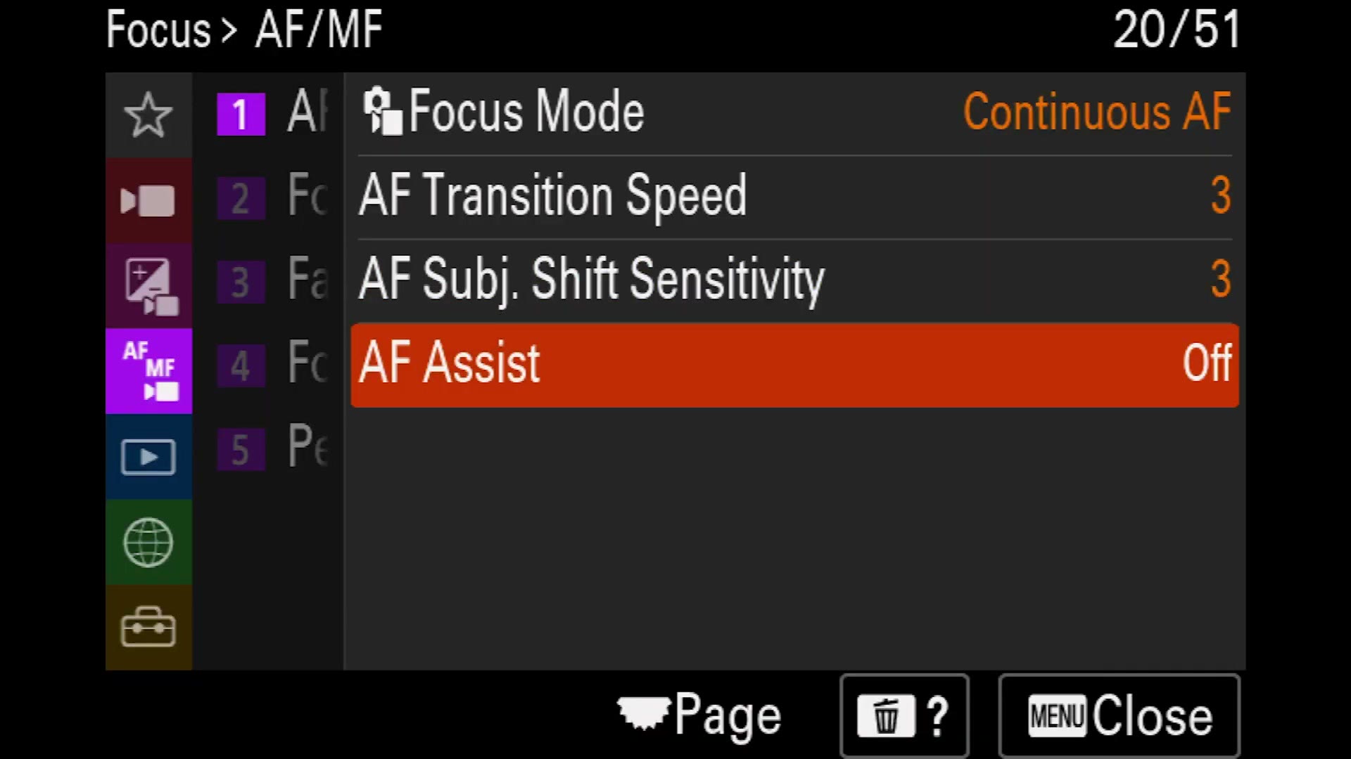 Sony a7 IV AF MF menu showing AF Transition Speed and AF Subject Shift Sensitivity both at 3