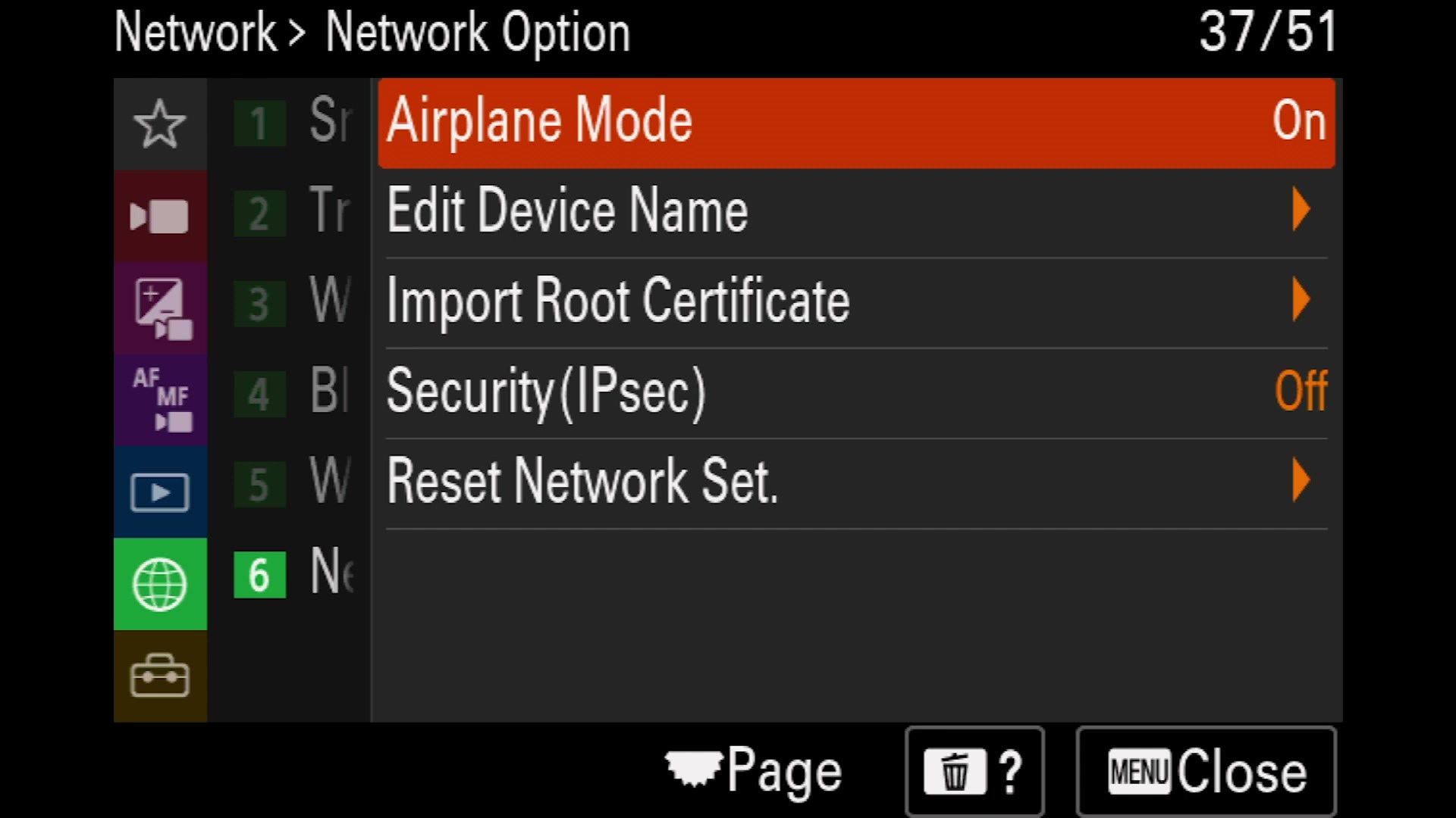 Sony a7 IV Network Option menu with Airplane Mode turned on