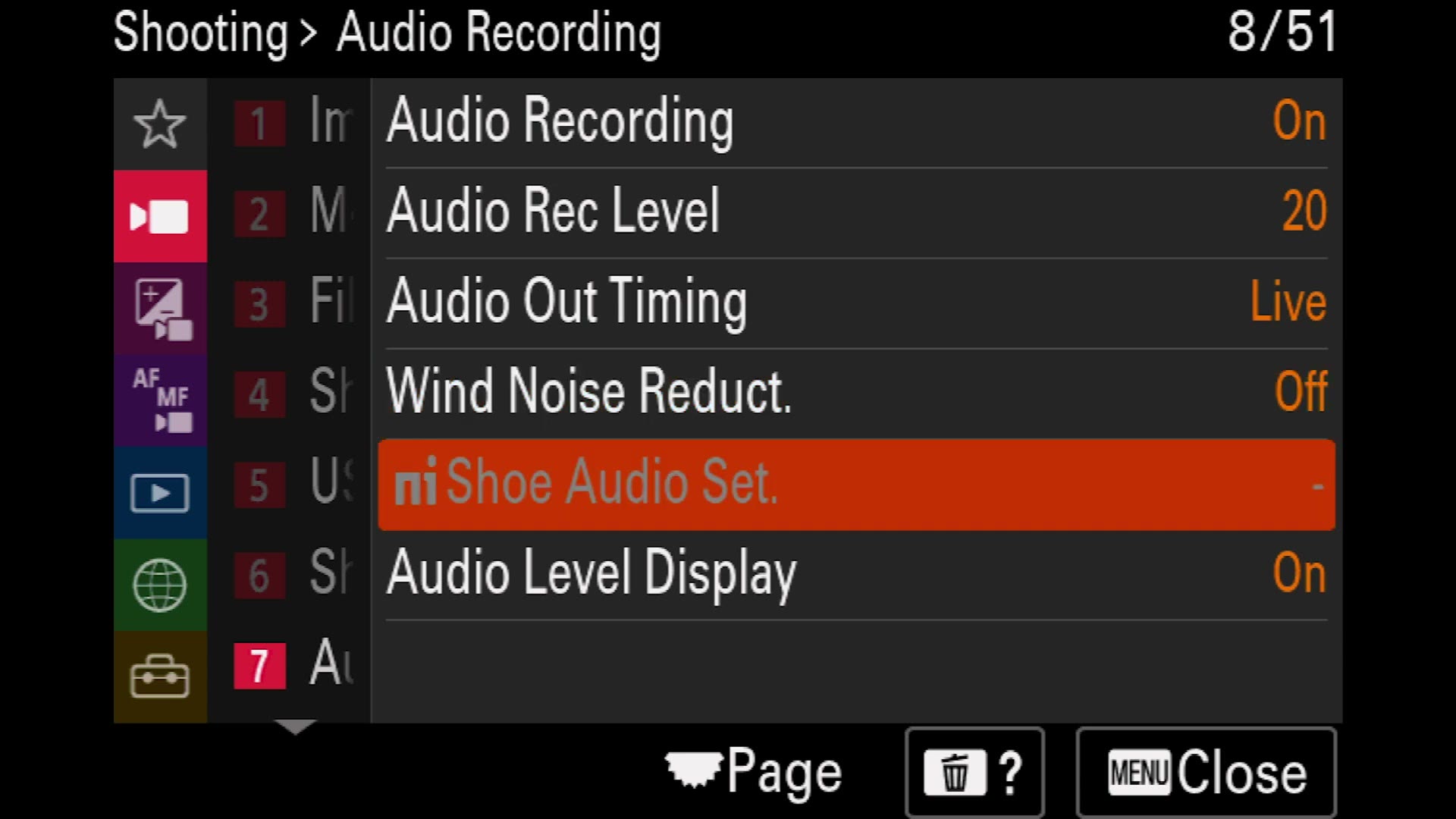 Sony a7 IV Audio Recording menu showing recording level, out timing and wind noise reduction
