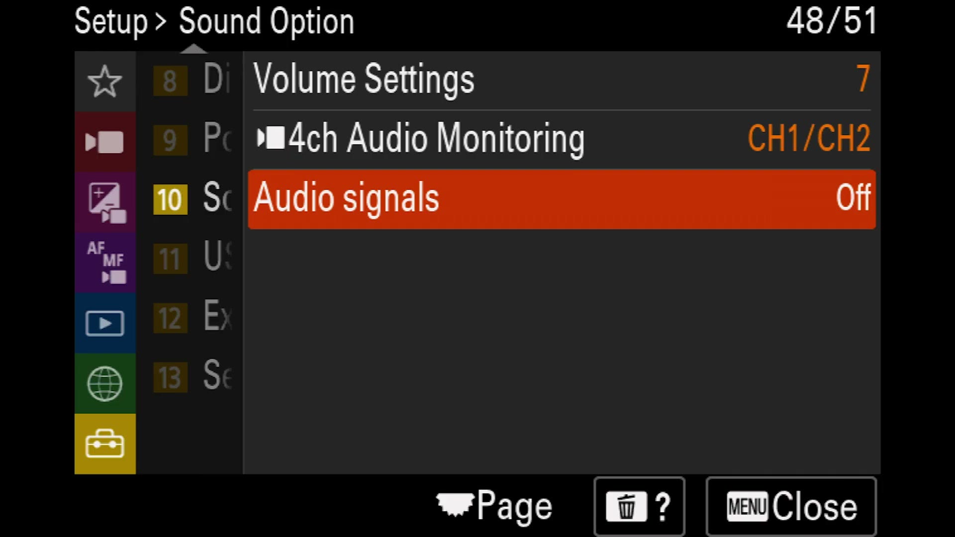 Sony a7 IV Sound Option menu with Audio signals turned off