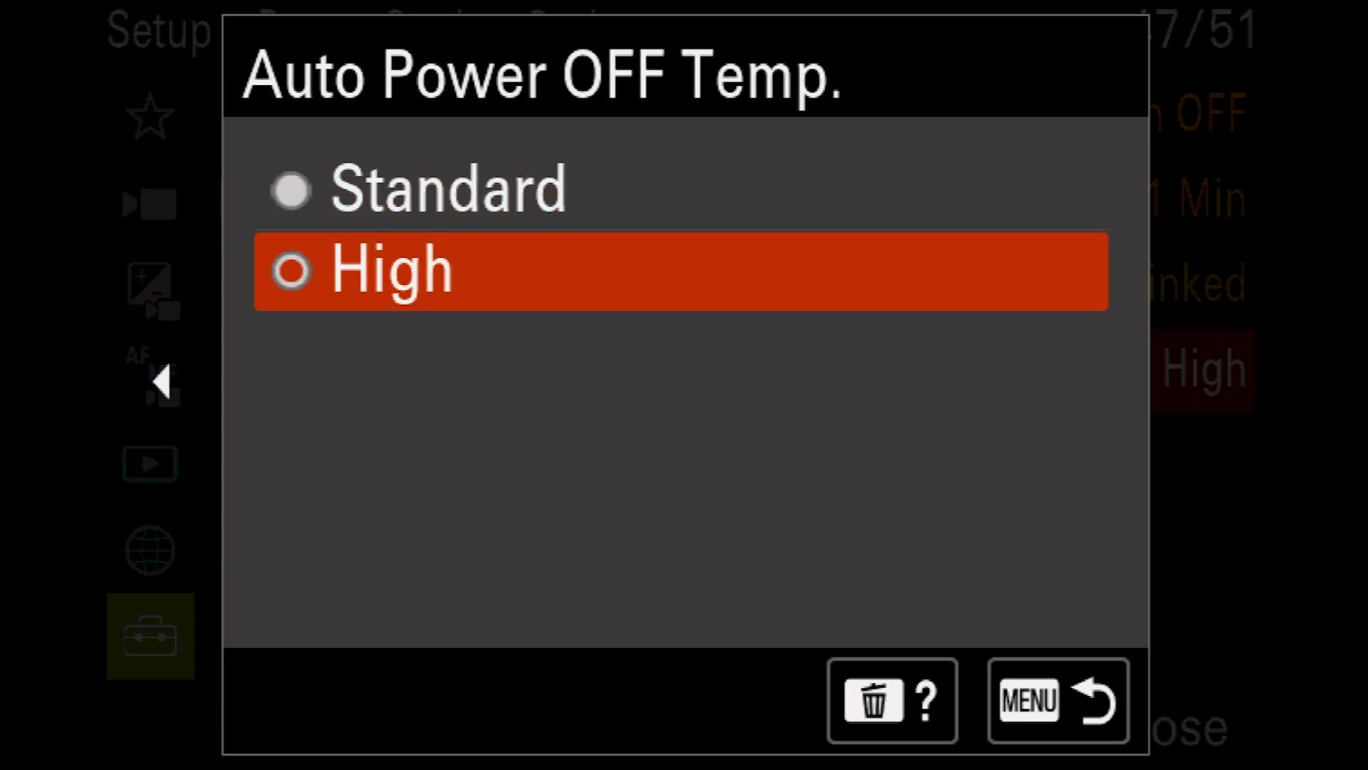 Sony a7 IV Auto Power OFF Temp set to High