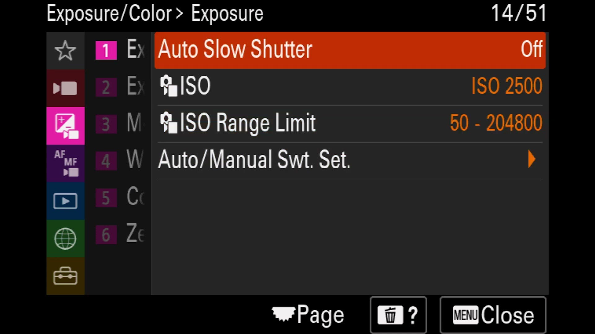 Sony a7 IV Exposure menu with Auto Slow Shutter turned off