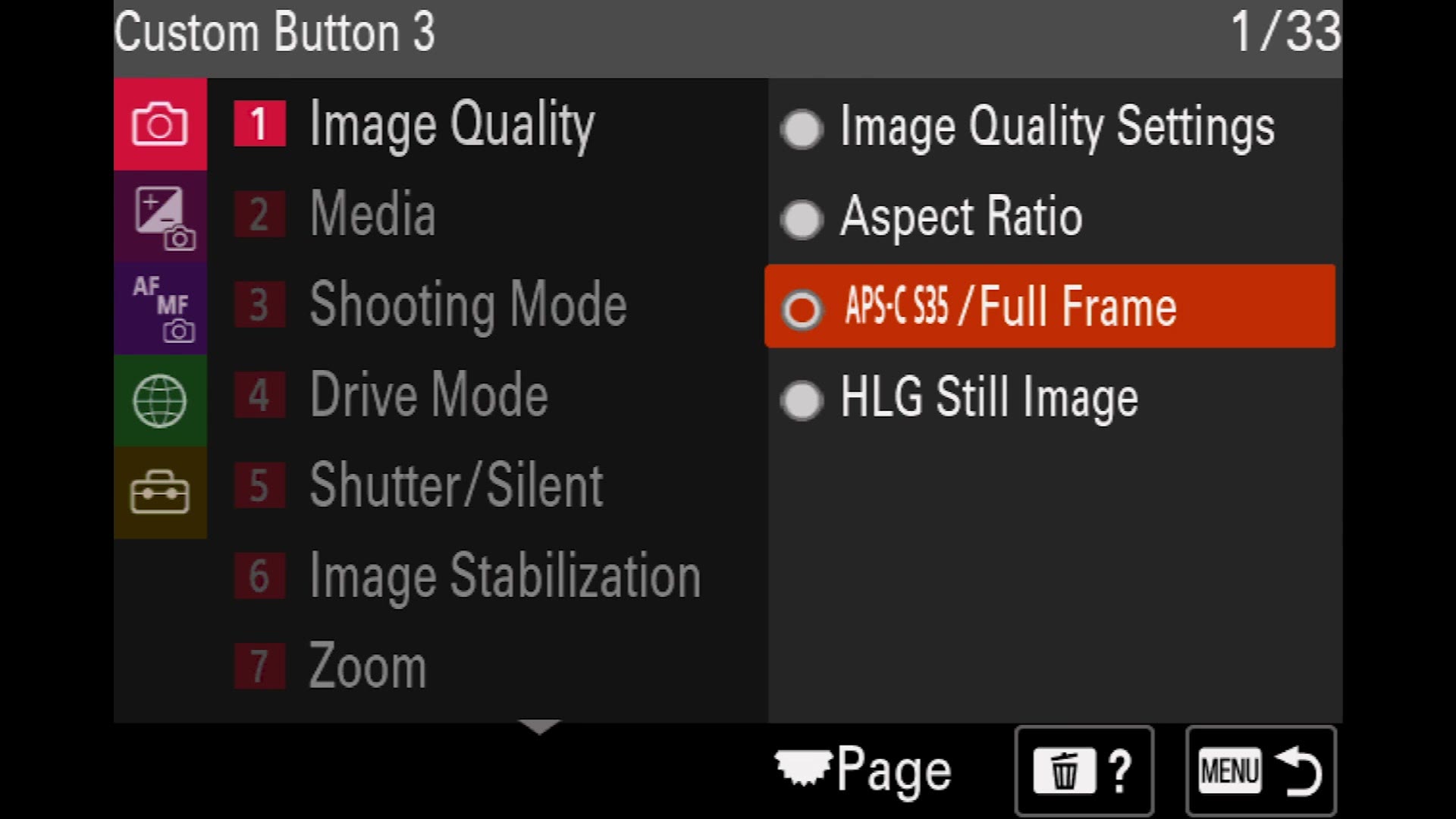 Sony a7 IV Custom Button 3 options with APS-C S35 Full Frame selected
