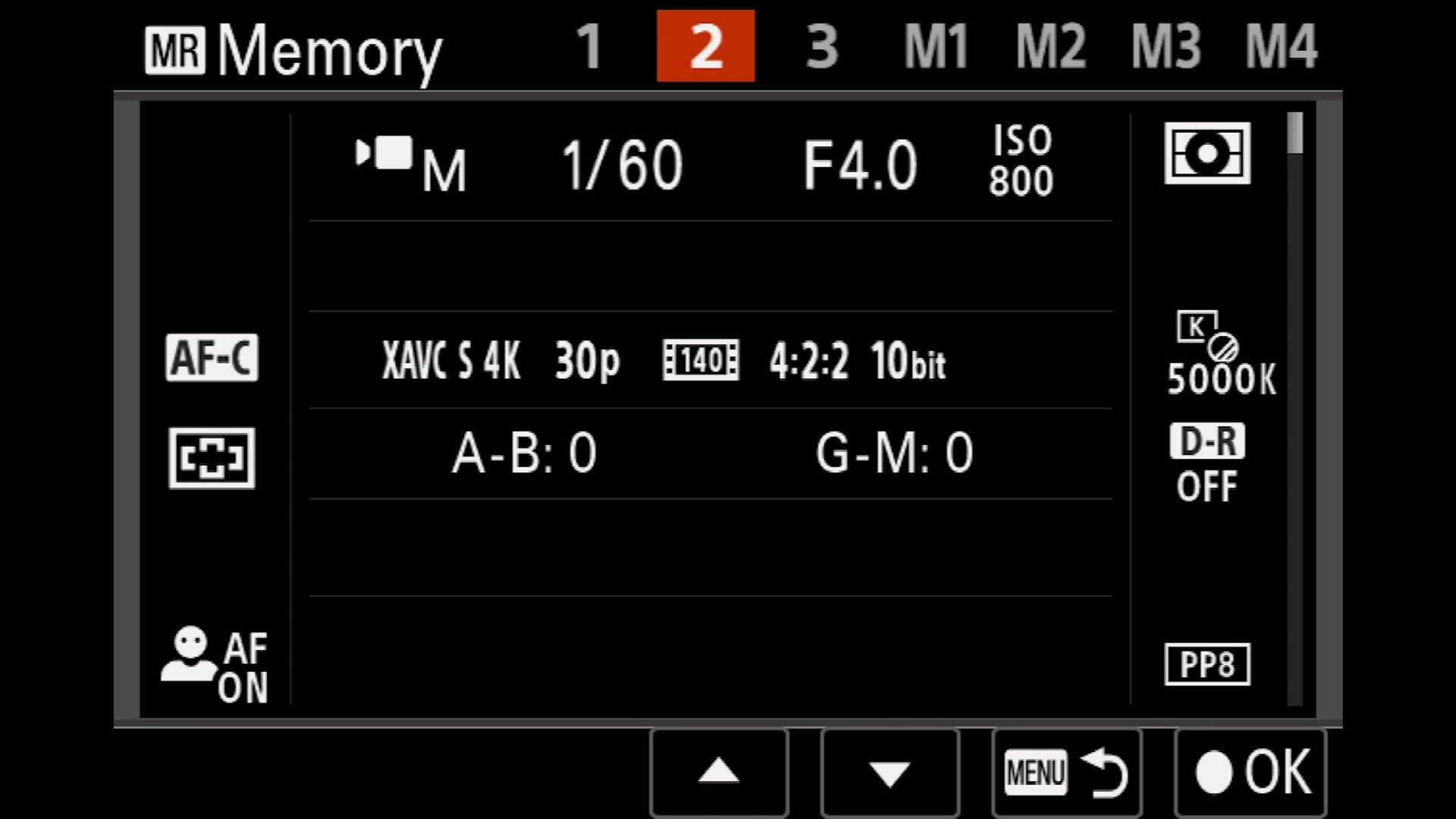 Sony a7 IV Camera Set. Memory screen showing preset registration