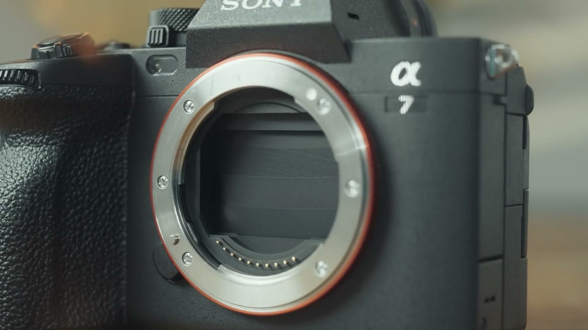 Sony a7 IV with the lens removed showing the shutter closed over the sensor