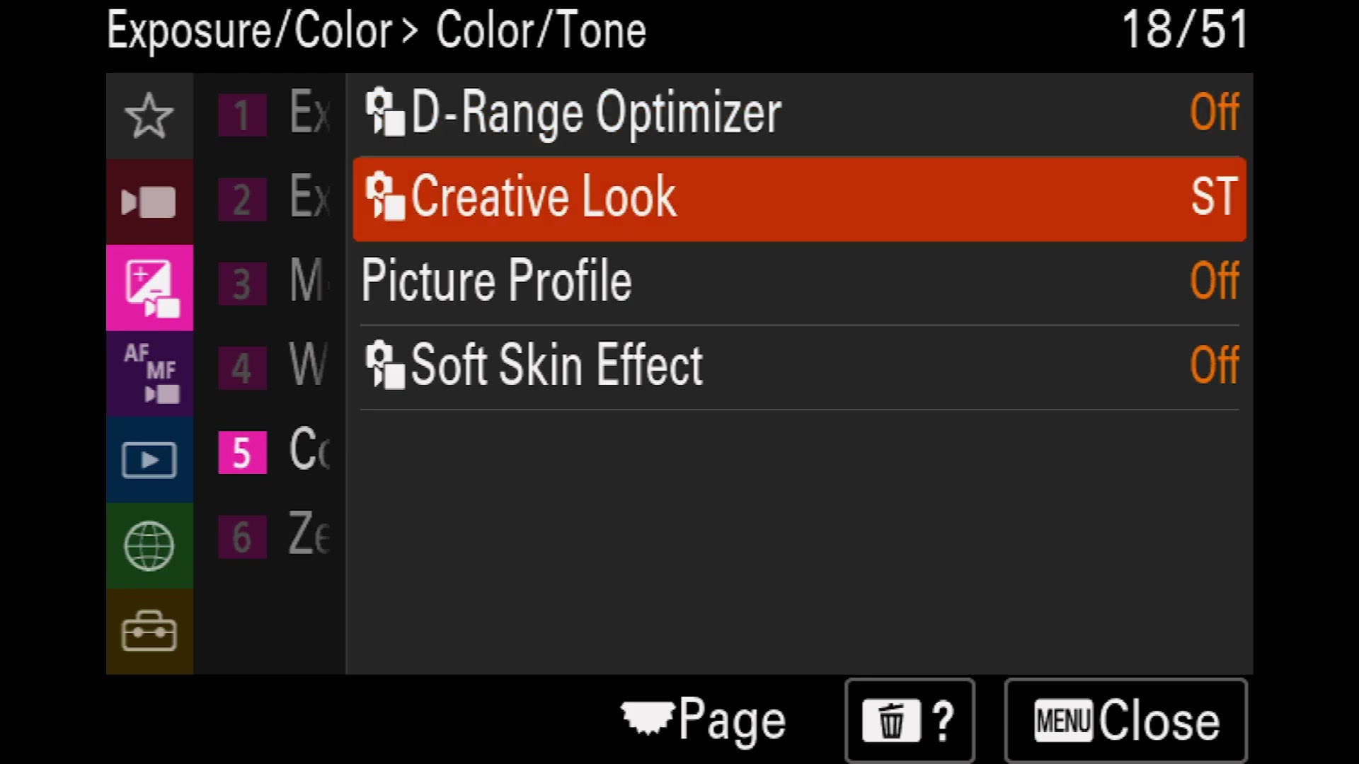 Sony a7 IV Color Tone menu showing D-Range Optimizer, Creative Look and Soft Skin Effect
