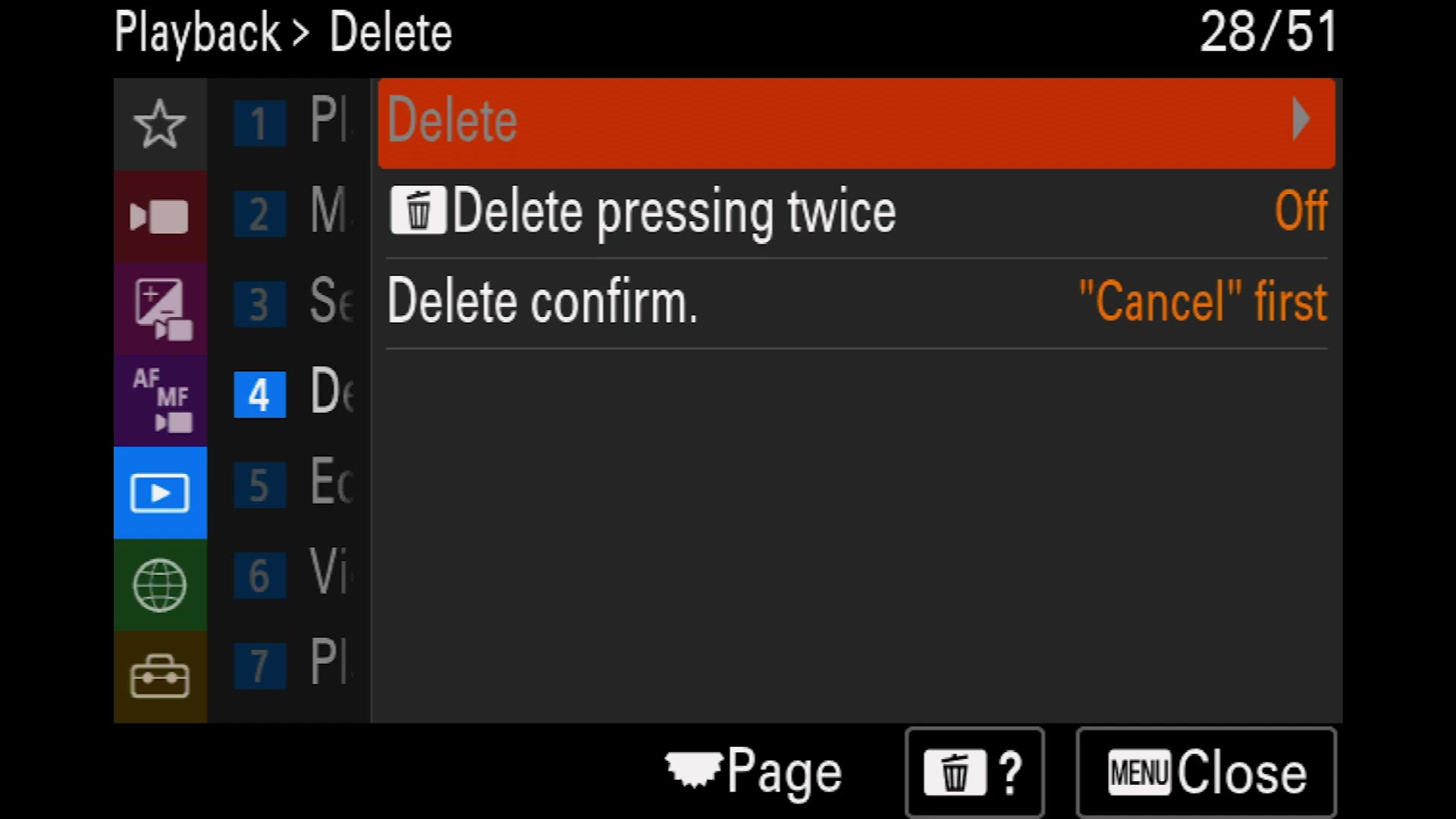 Sony a7 IV Delete menu with delete pressing twice off and delete confirm set to Cancel first