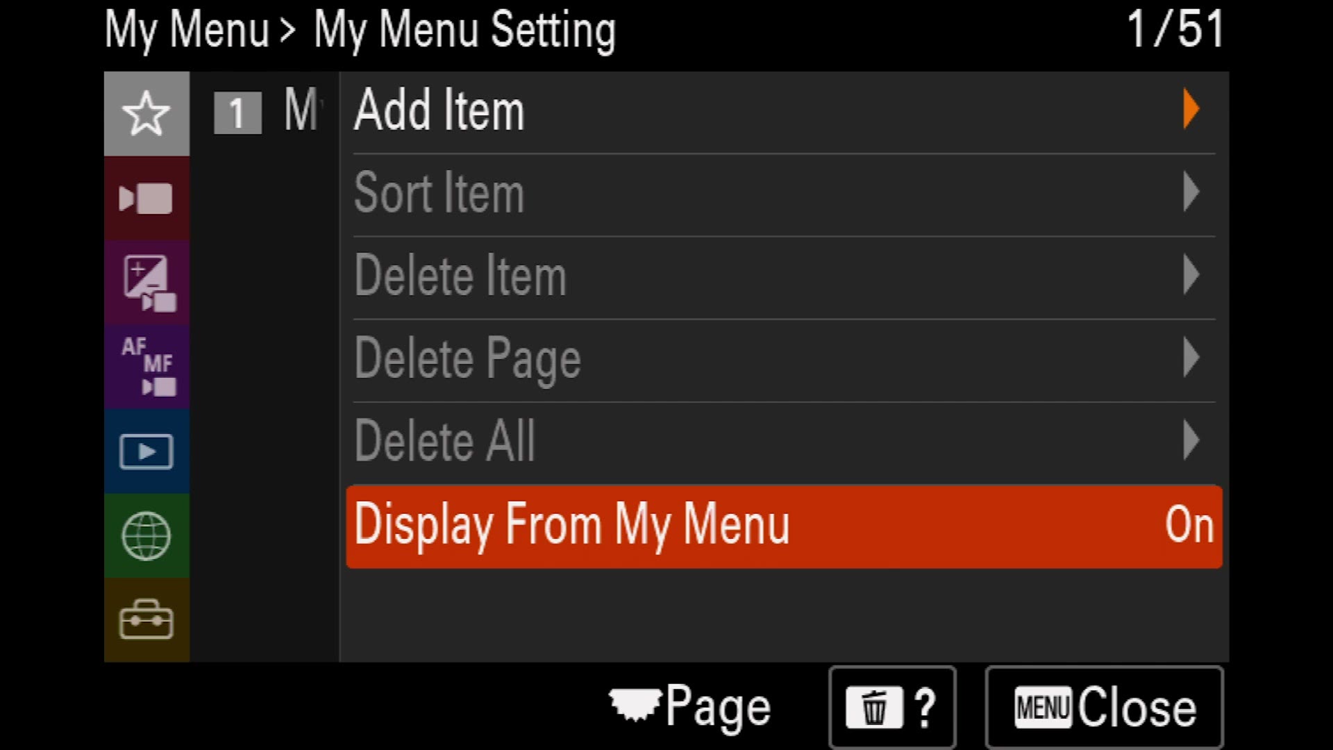 Sony a7 IV My Menu Setting with Display From My Menu turned on