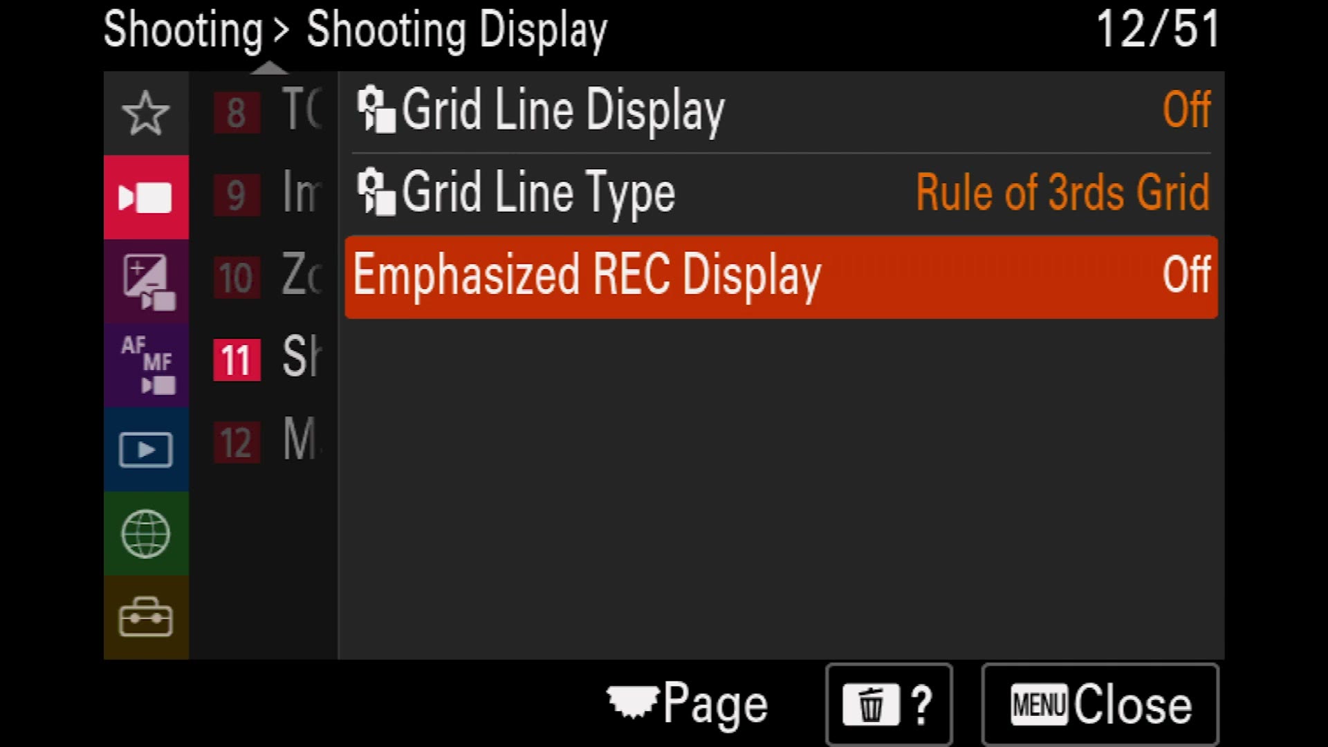 Sony a7 IV Shooting Display menu with Emphasized REC Display highlighted