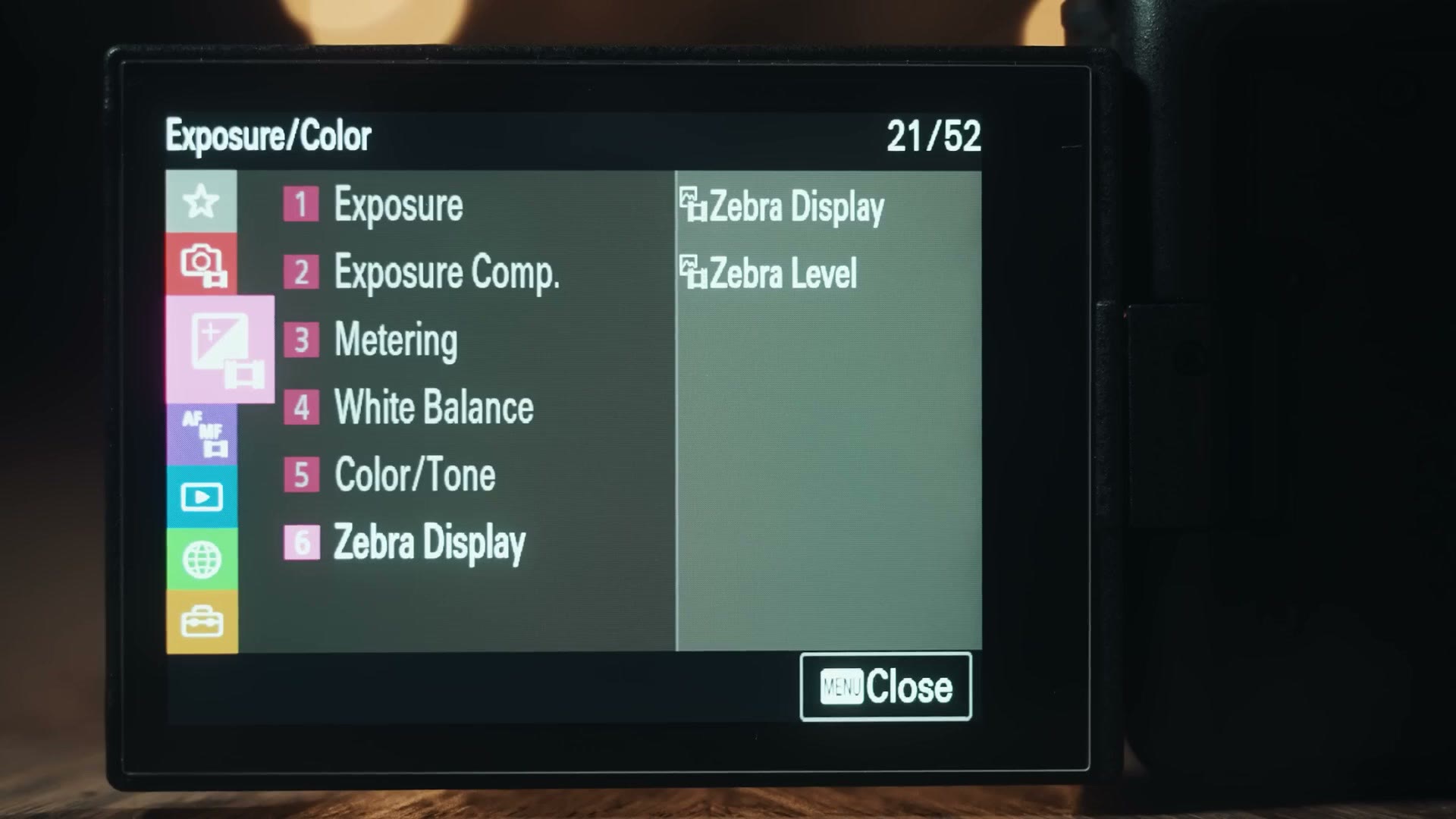 Sony a7 IV Exposure and Color menu showing Zebra Display and Zebra Level options
