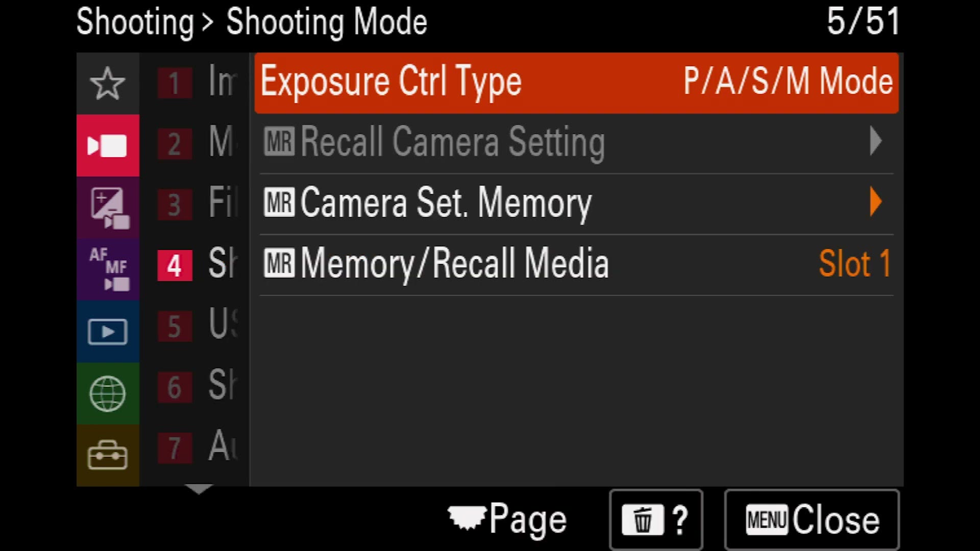 Sony a7 IV Shooting Mode menu with Exposure Ctrl Type set to P/A/S/M Mode