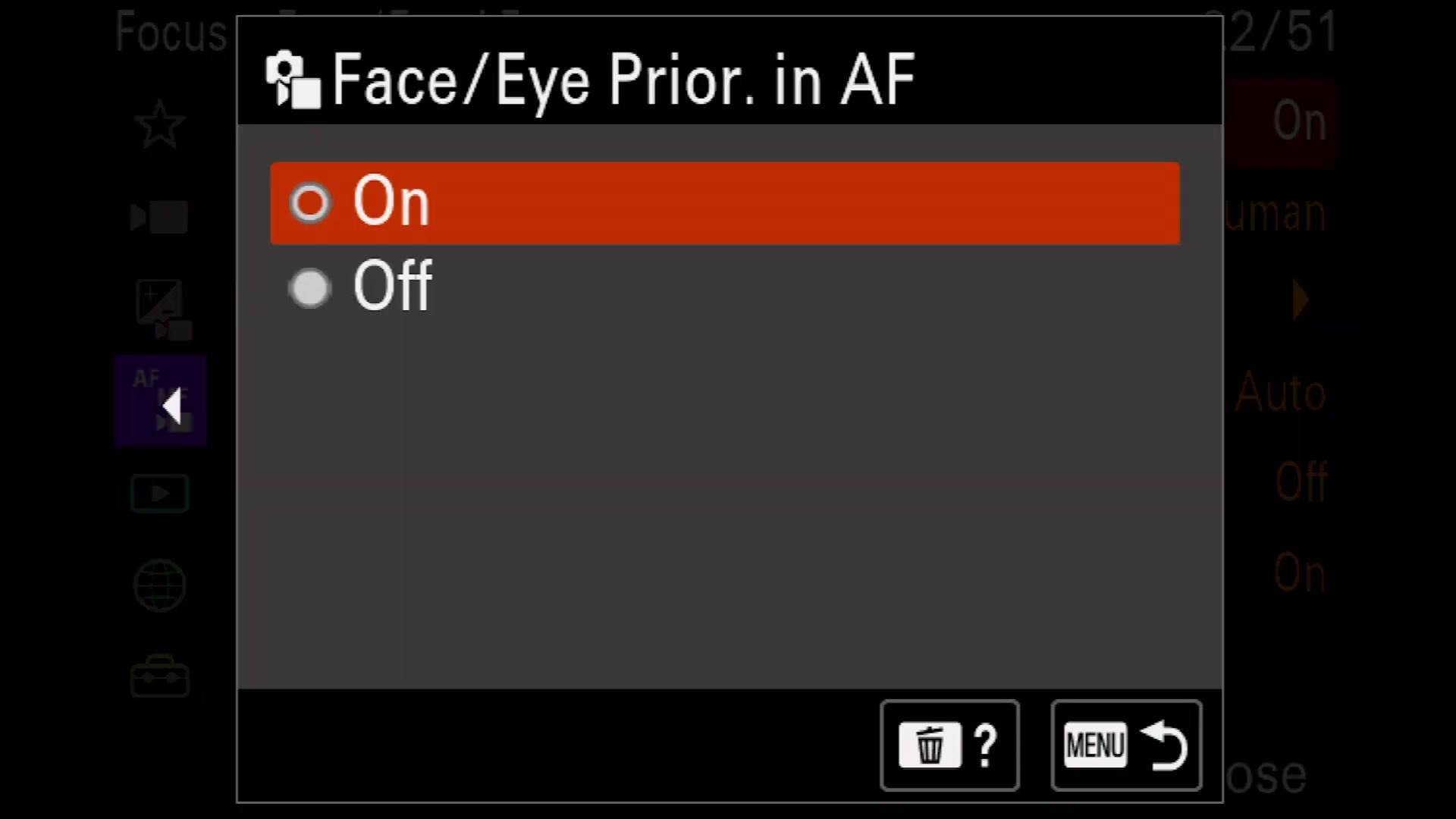 Sony a7 IV Face Eye Priority in AF set to On