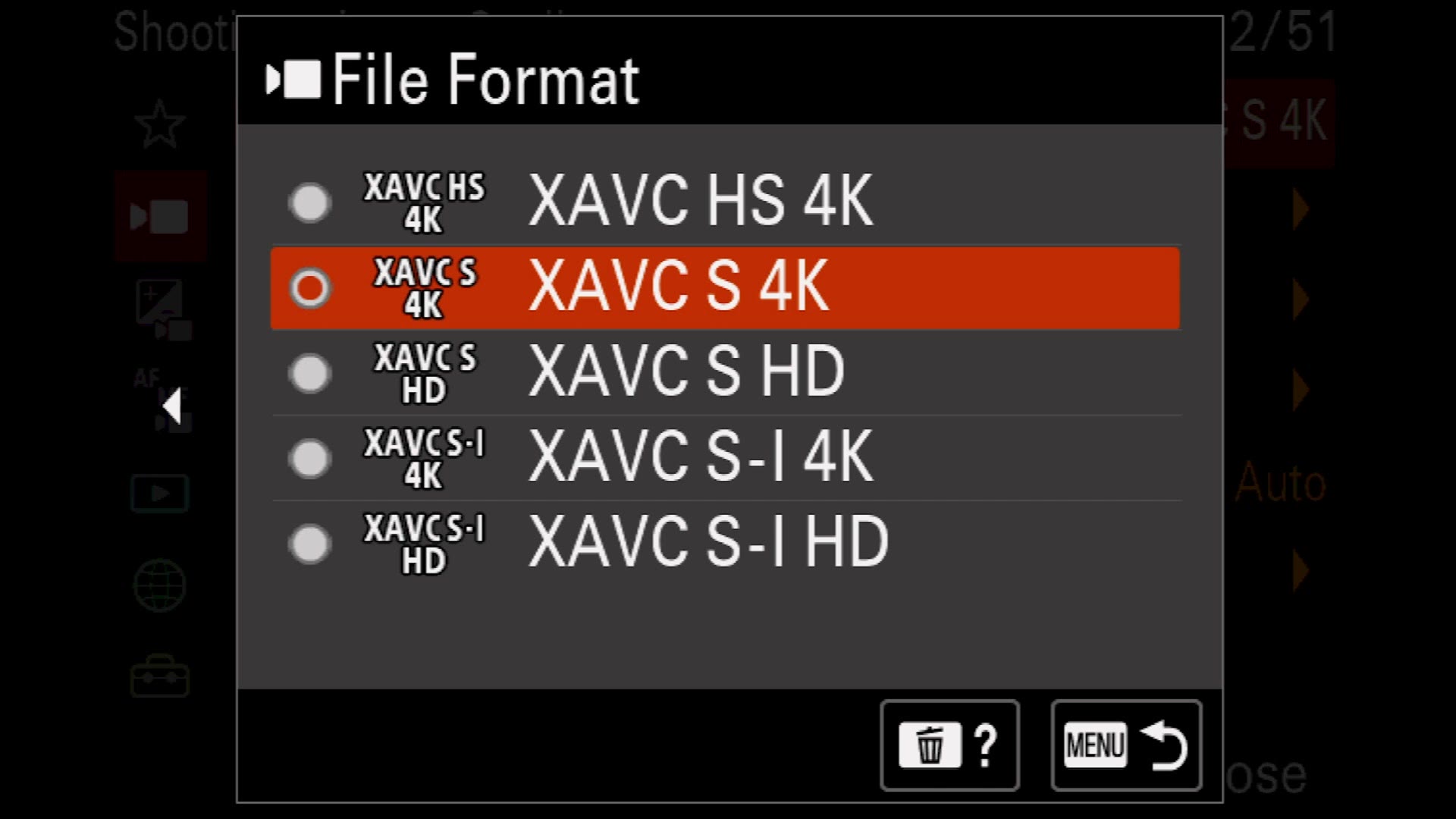 Sony a7 IV File Format menu with XAVC S 4K selected