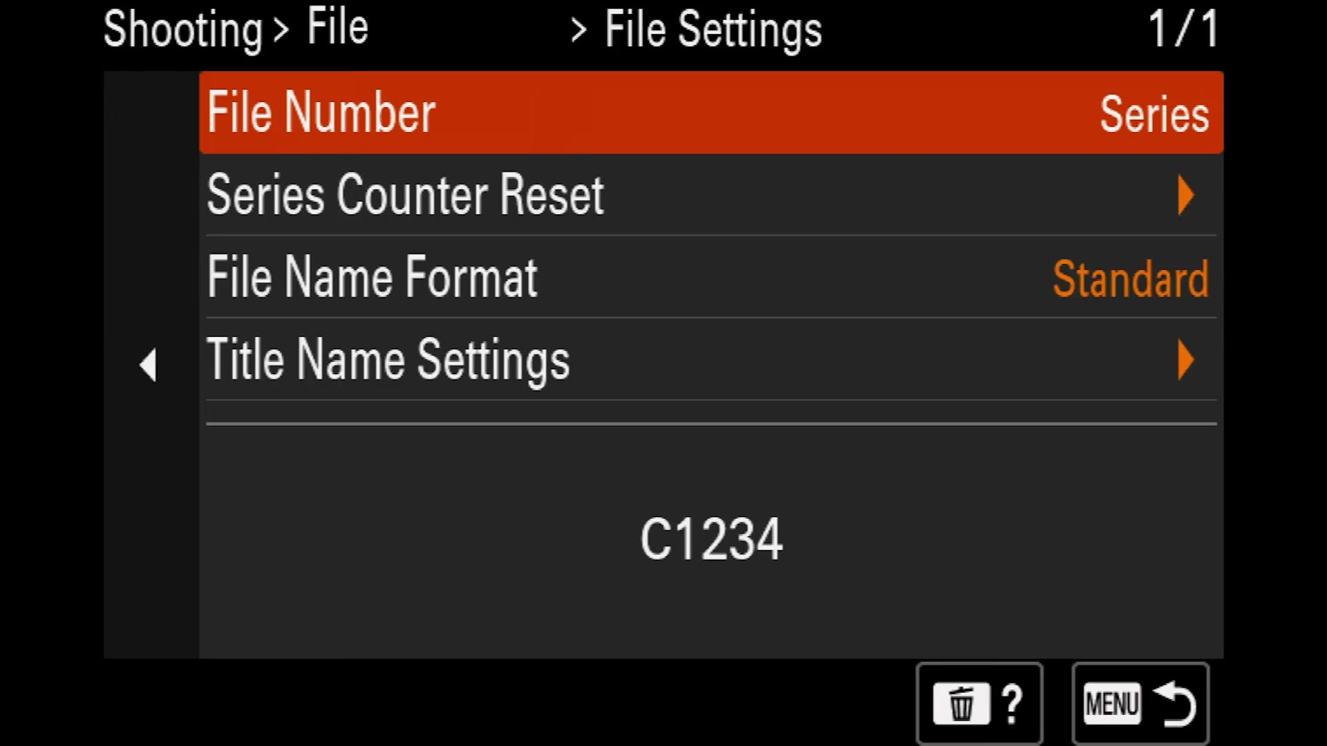 Sony a7 IV File Settings with File Number set to Series