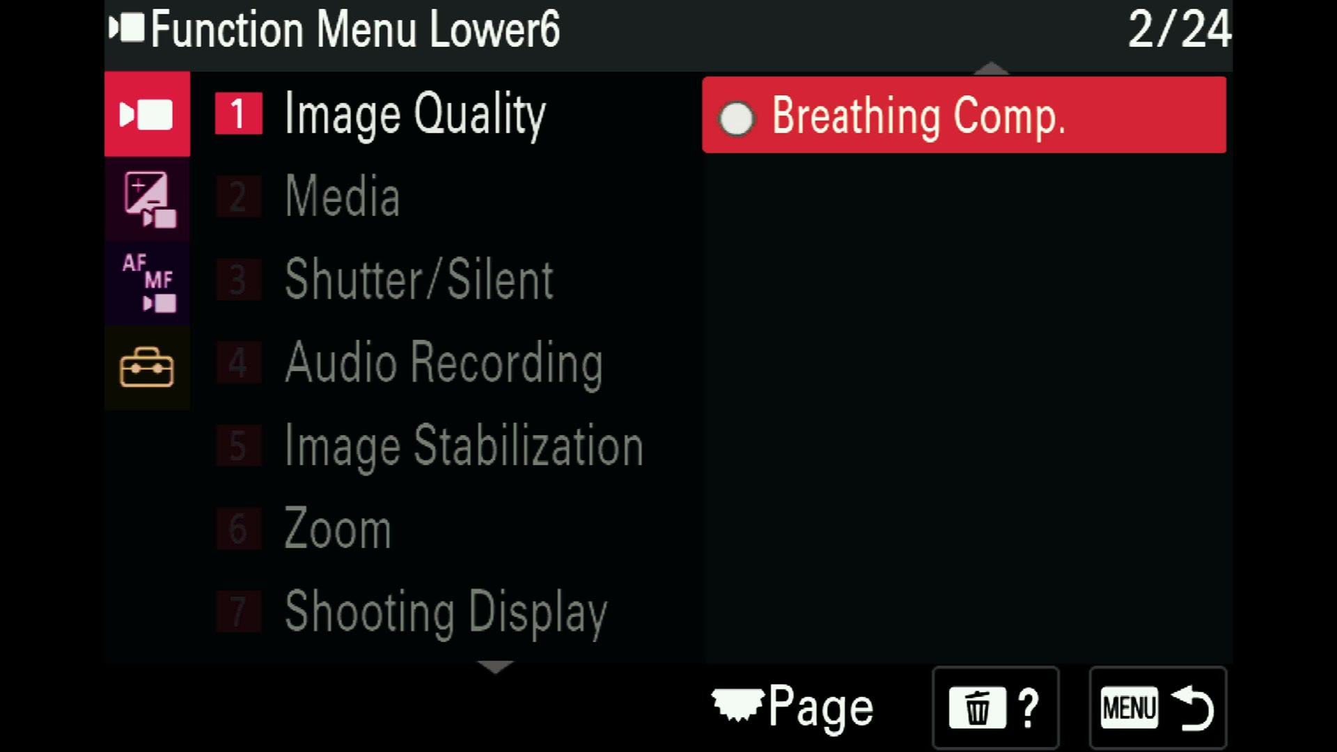 Sony a7 IV menu showing Breathing Comp. being selected for the function menu
