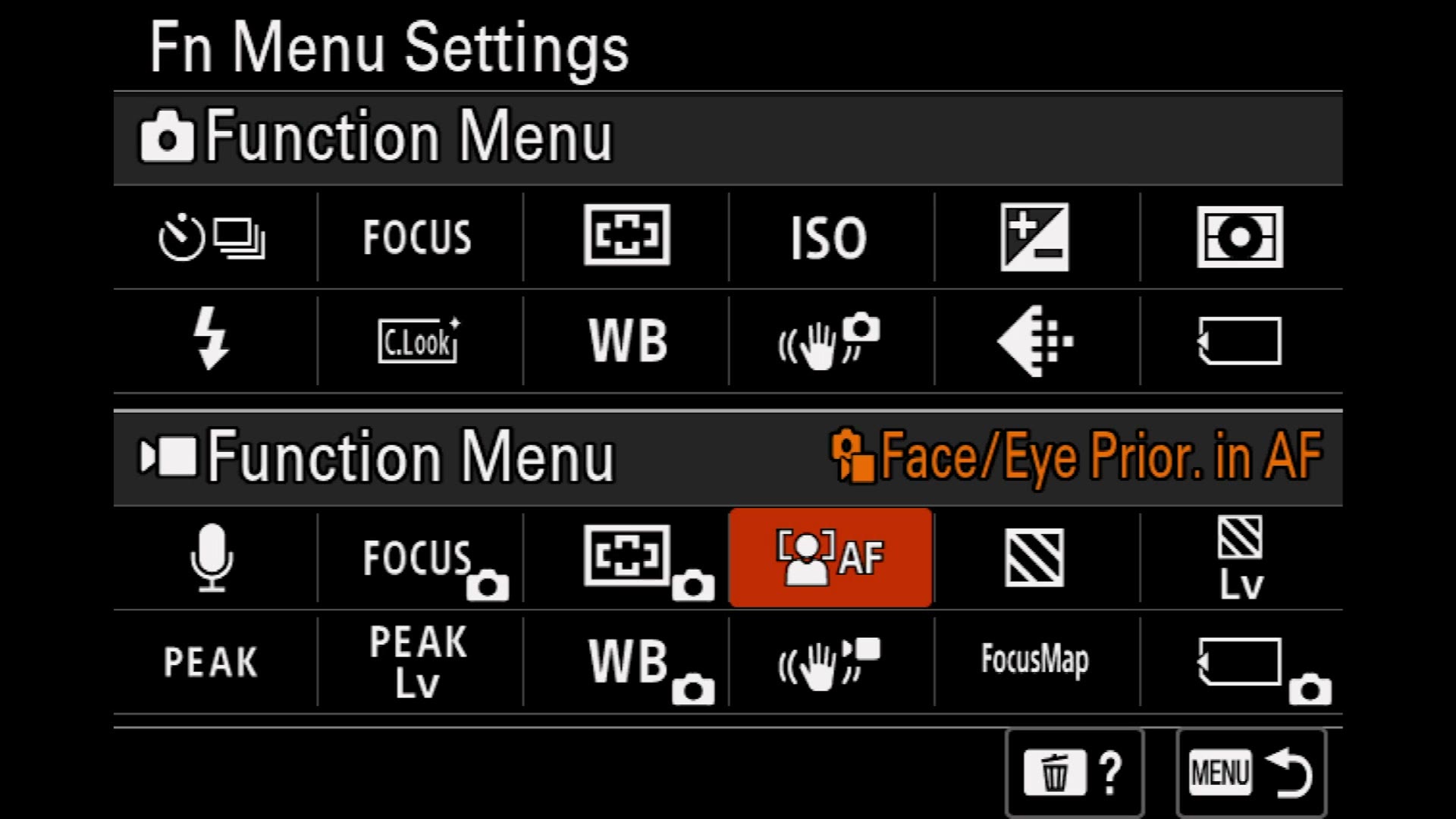 Sony a7 IV function menu with Face Eye Priority in AF added