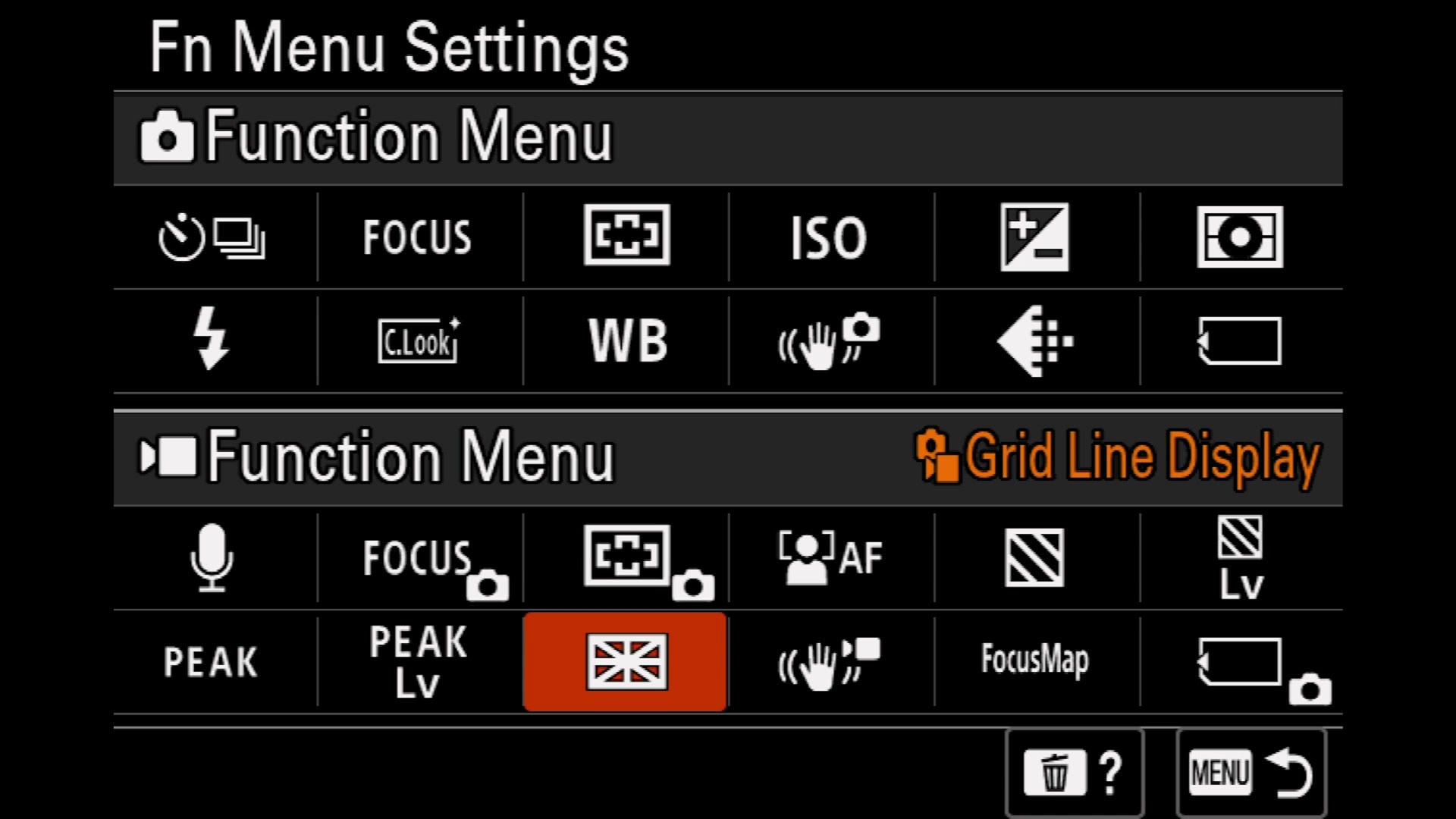 Sony a7 IV function menu with Grid Line Display added in place of white balance