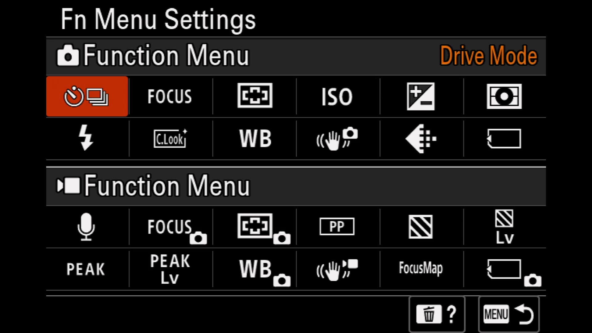 Sony a7 IV Fn Menu Settings screen showing the photo and video function menus