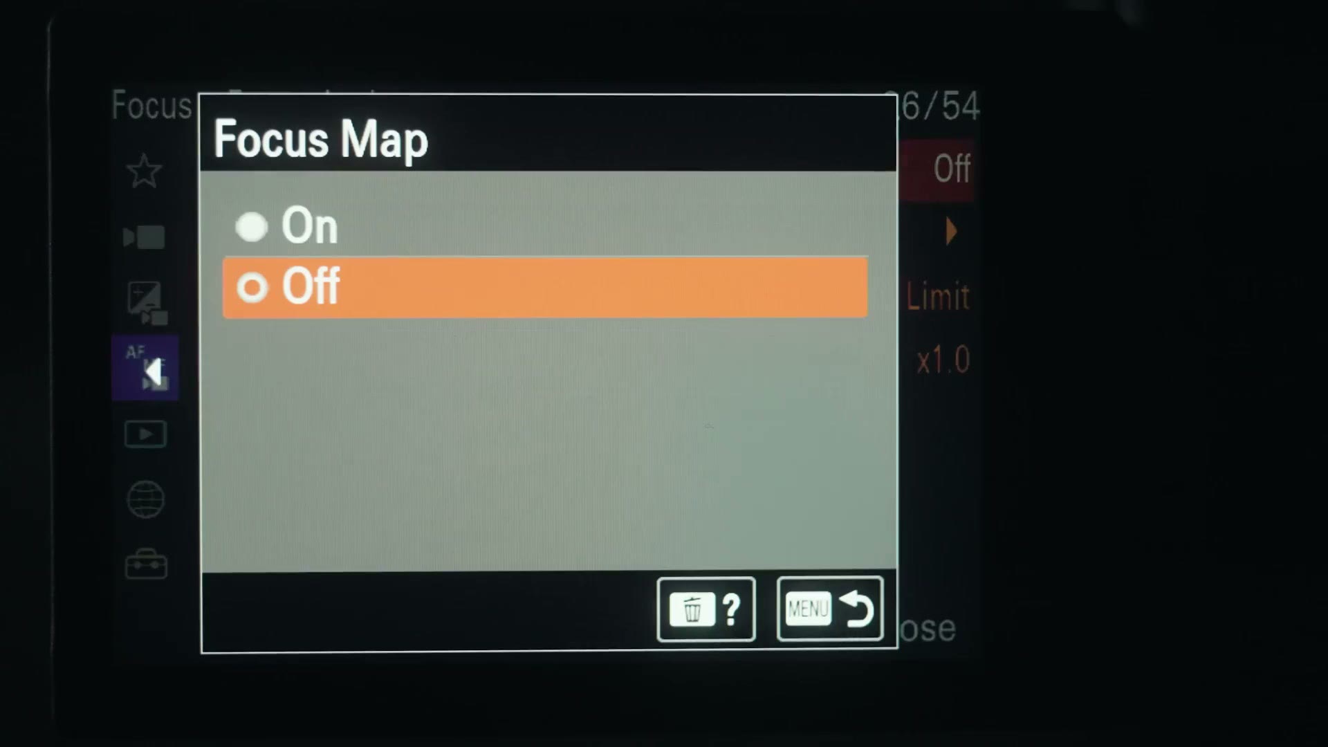 Sony a7 IV menu showing the Focus Map option set to On or Off
