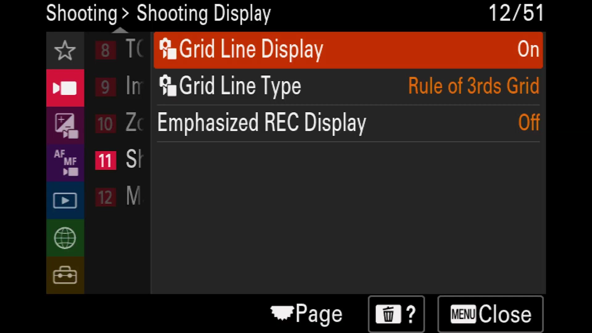 Sony a7 IV Shooting Display menu with Grid Line Display turned on