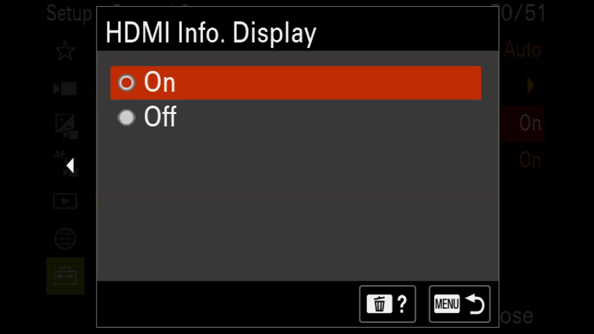 Sony a7 IV HDMI Info Display setting