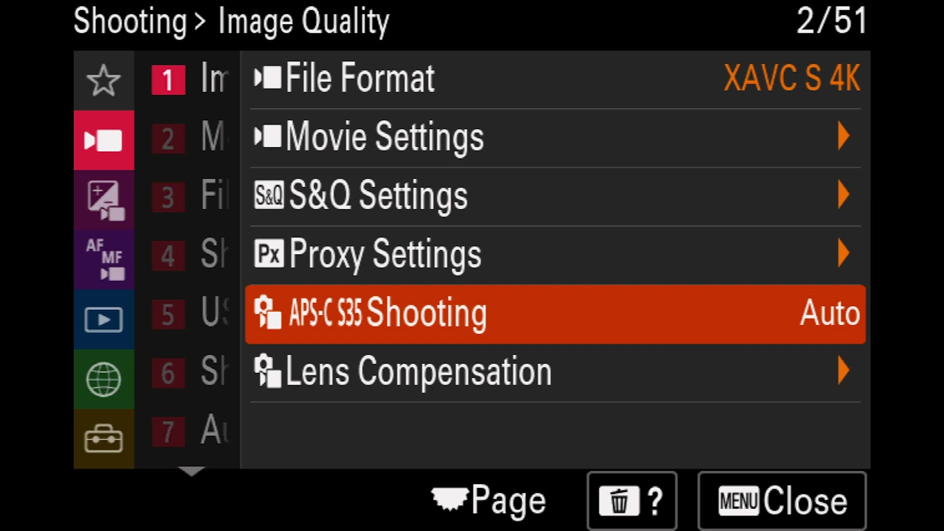 Sony a7 IV Shooting Image Quality menu with File Format set to XAVC S 4K