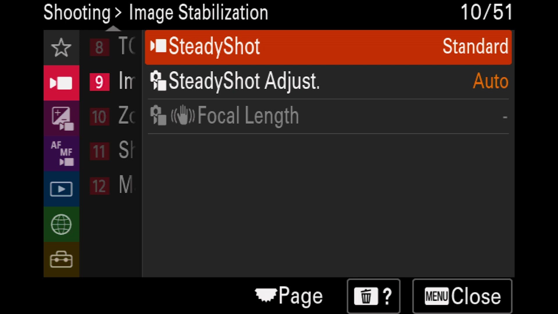 Sony a7 IV Image Stabilization menu with SteadyShot and SteadyShot Adjust