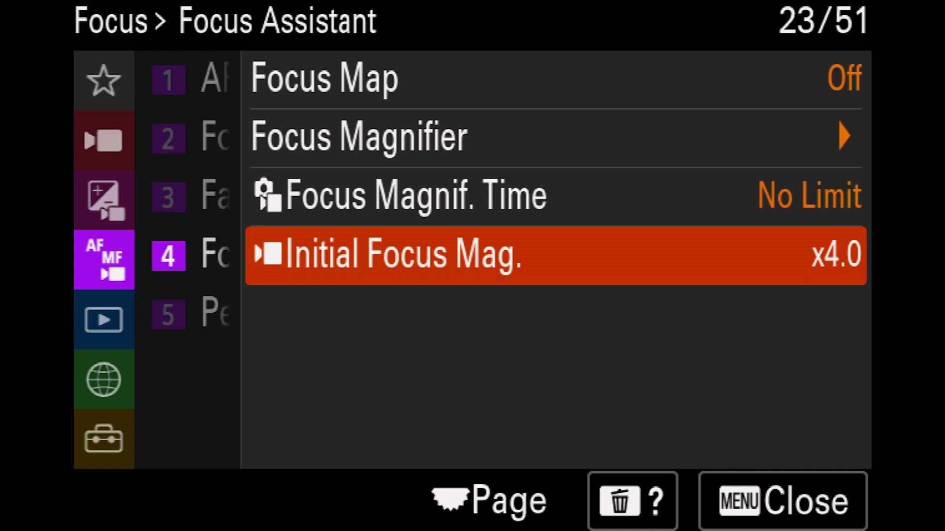 Sony a7 IV Focus Assistant menu with Initial Focus Mag. set to x4.0