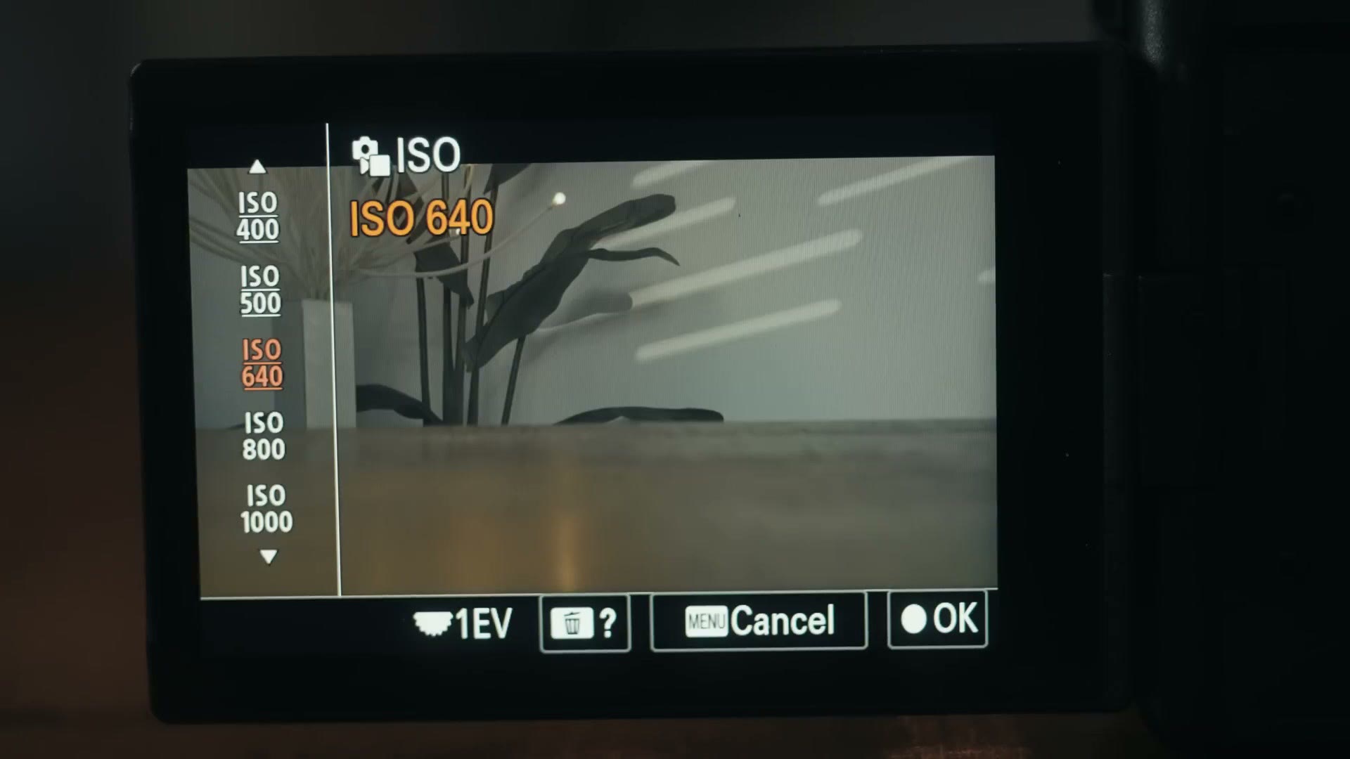 Sony a7 IV ISO menu showing lines above and below every ISO value from 200 to 640