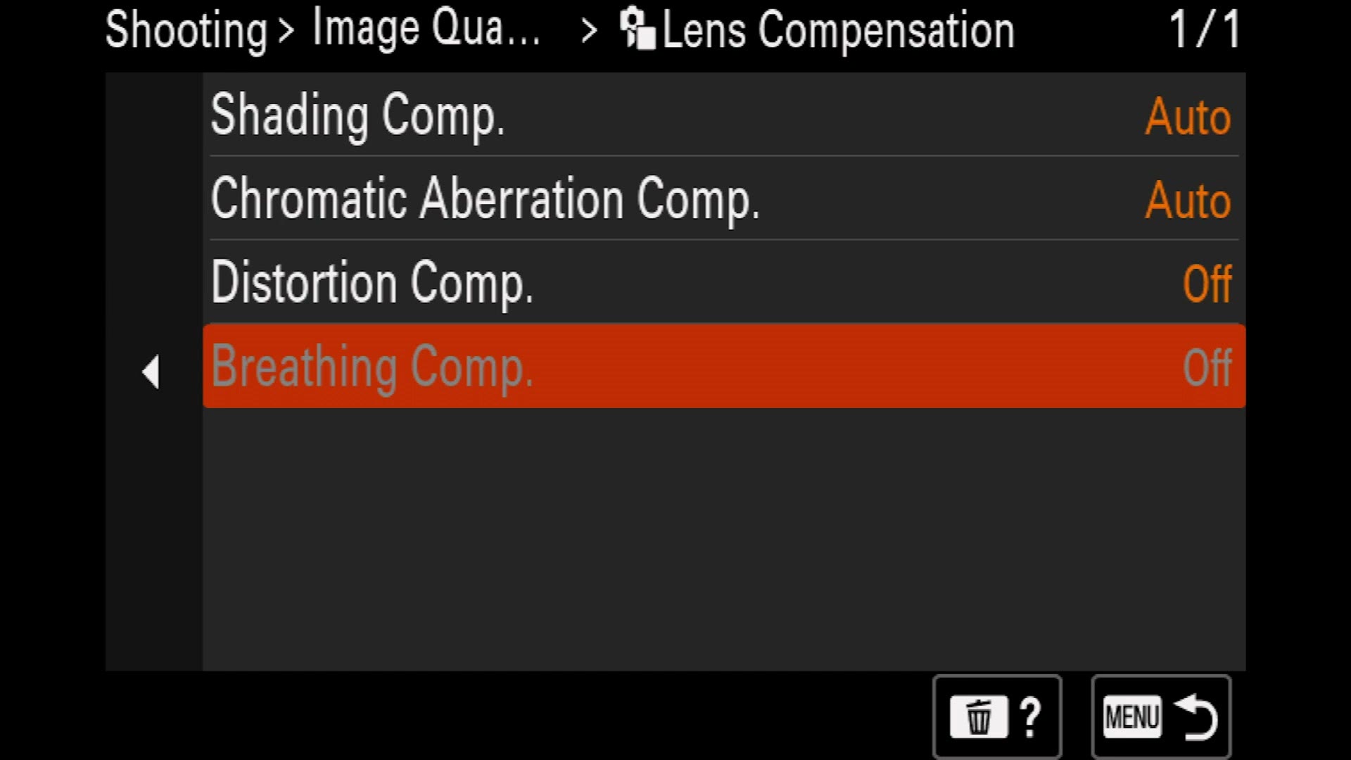 Sony a7 IV Lens Compensation menu with Breathing Comp. at the bottom