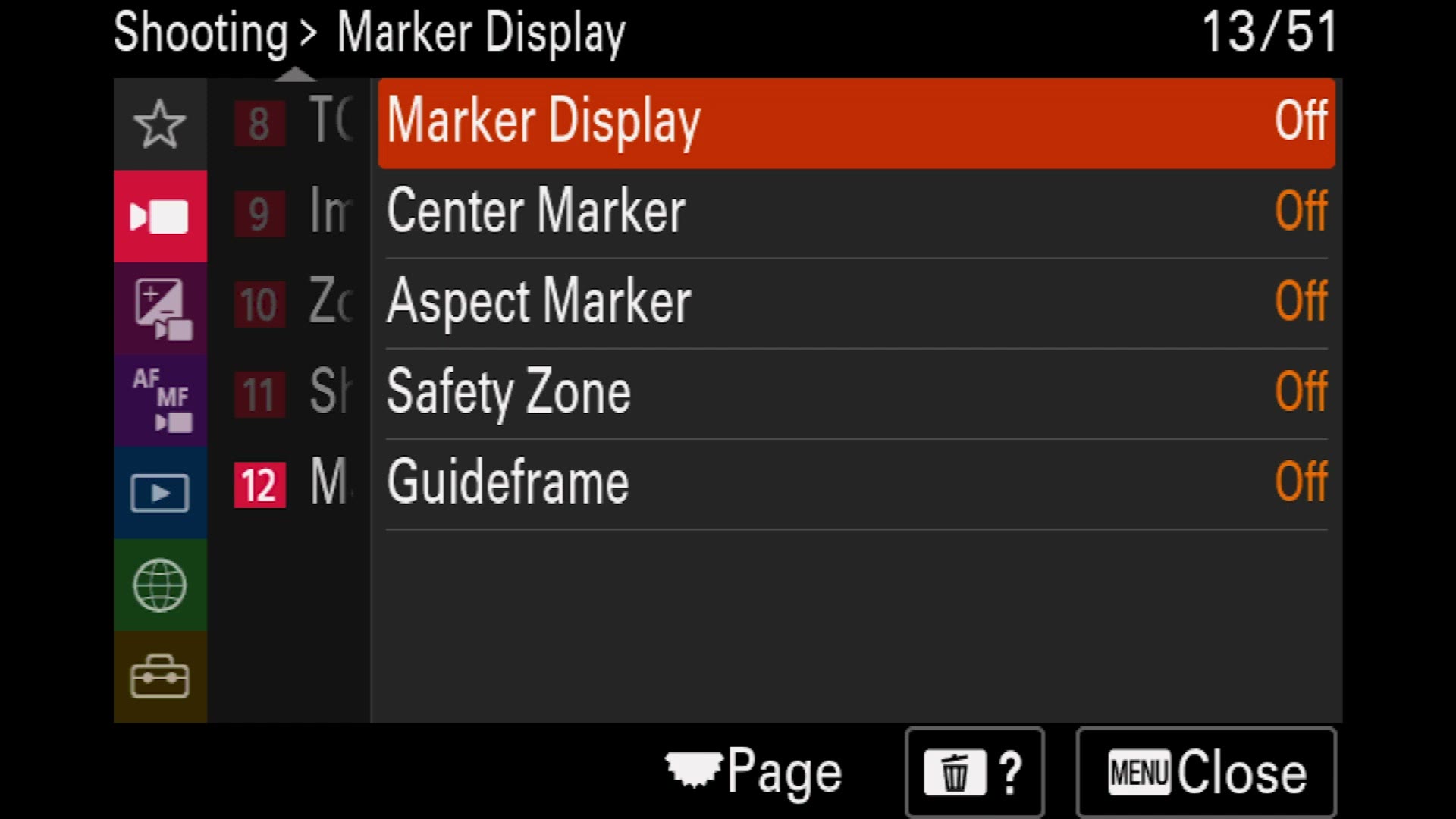 Sony a7 IV Marker Display menu with aspect marker and safety zone options
