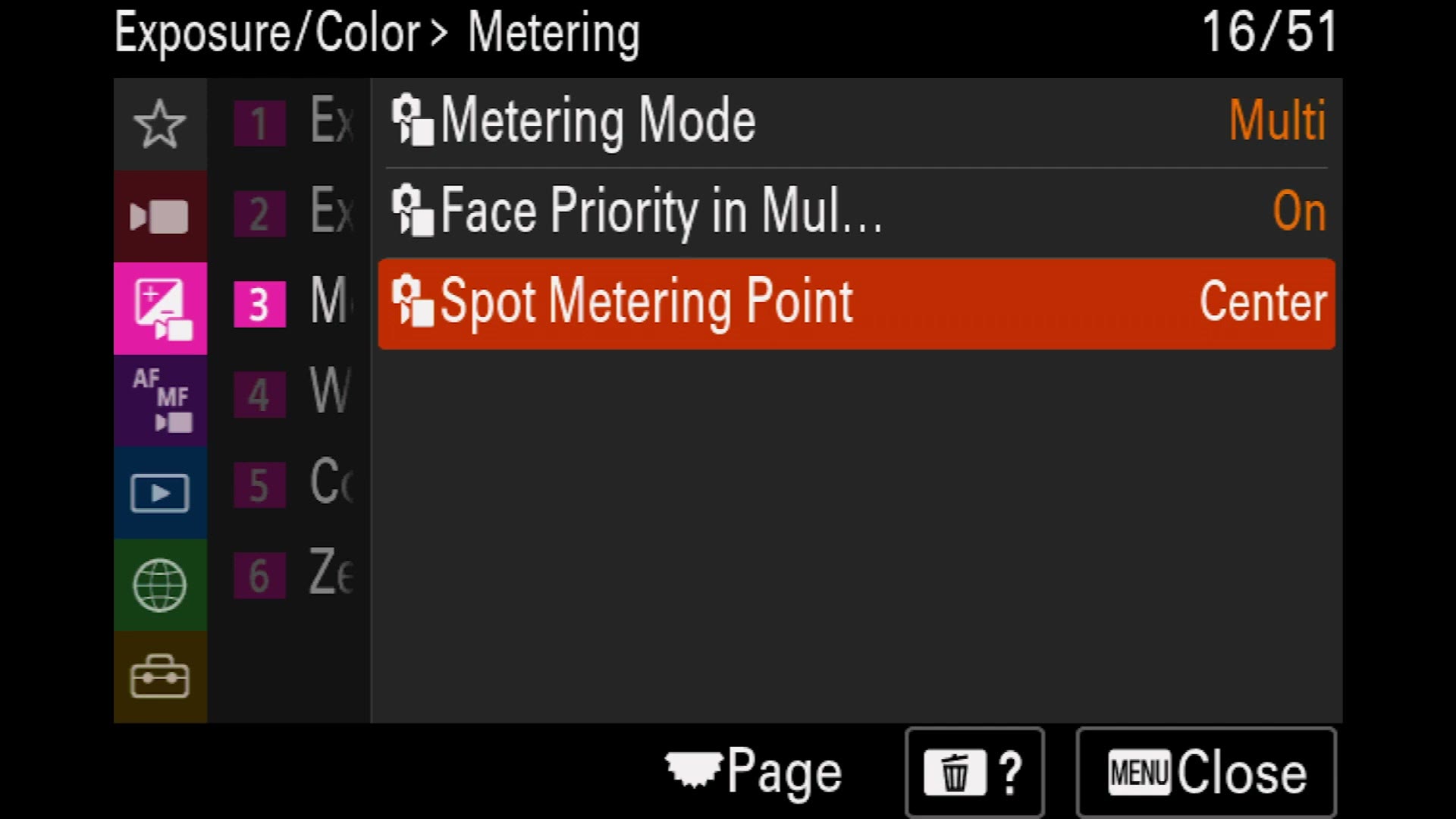 Sony a7 IV Metering menu with Metering Mode set to Multi and face priority on