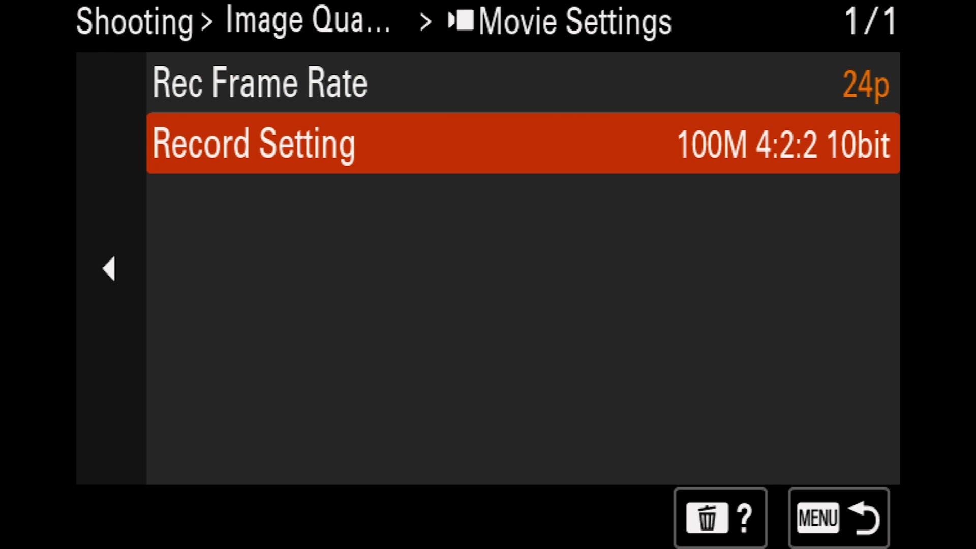 Sony a7 IV Movie Settings showing 24p and Record Setting at 100M 4:2:2 10bit