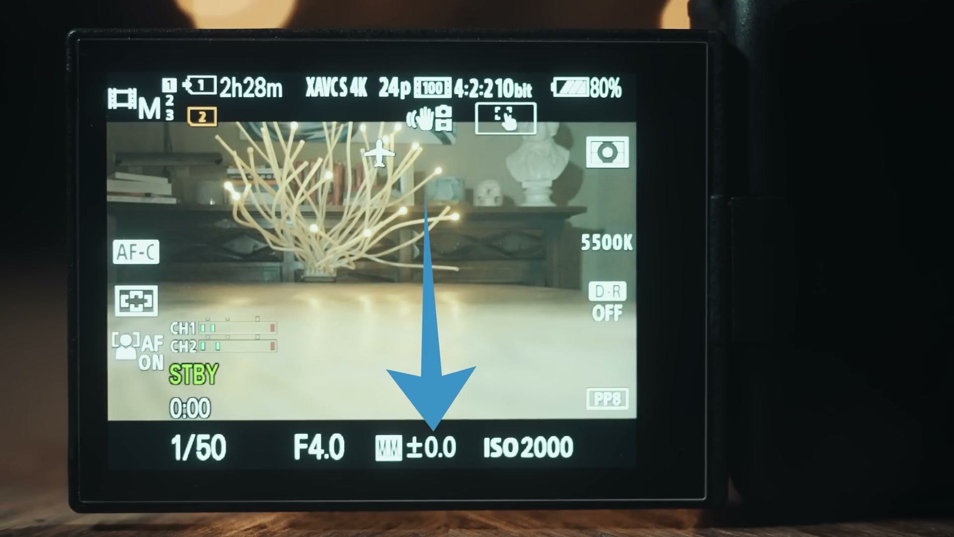 Sony a7 IV rear screen showing the MM multi metering readout at plus or minus zero
