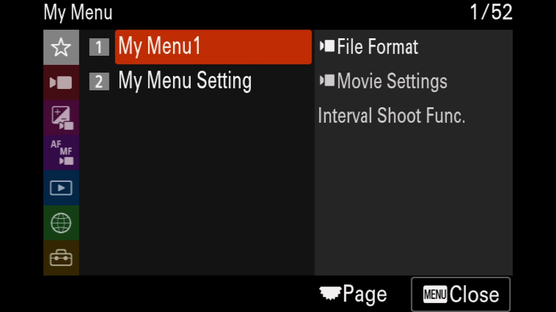 Sony a7 IV My Menu 1 populated with File Format, Movie Settings and Interval Shoot Func