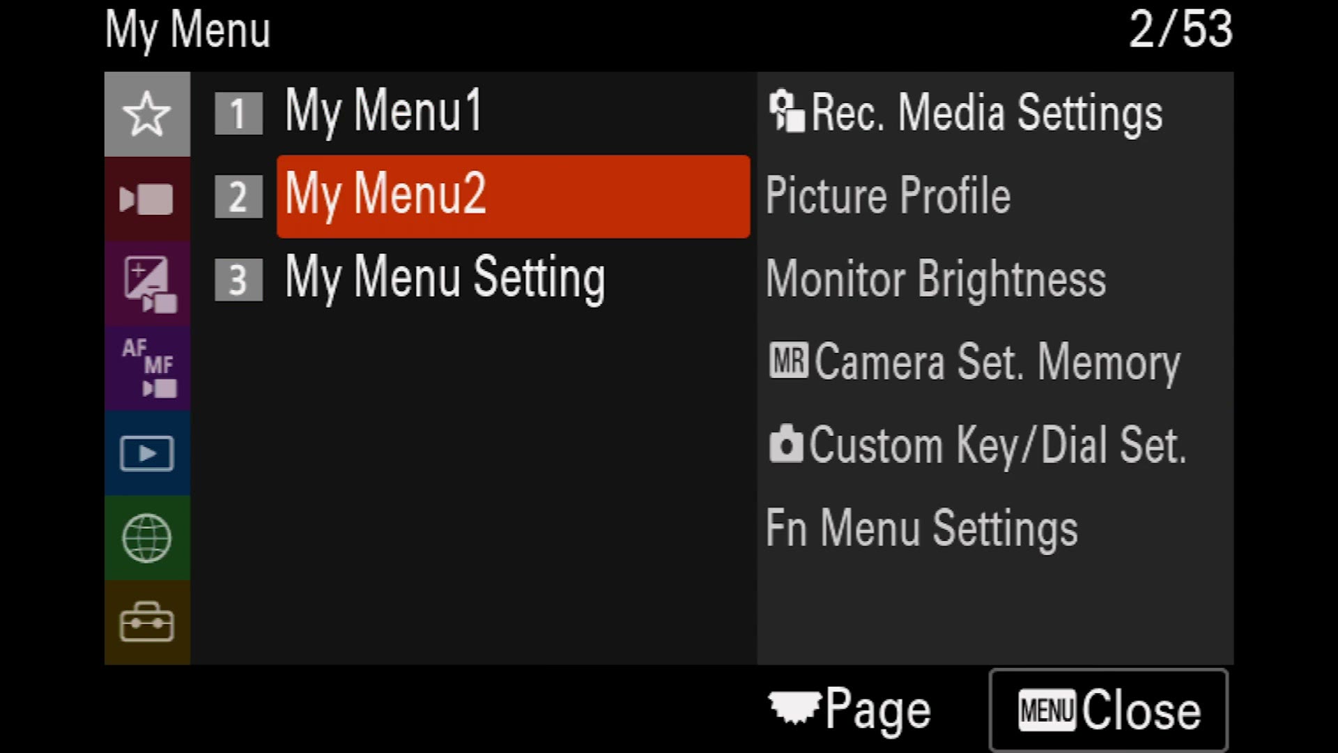Sony a7 IV My Menu 2 populated with recording, picture profile and customization settings
