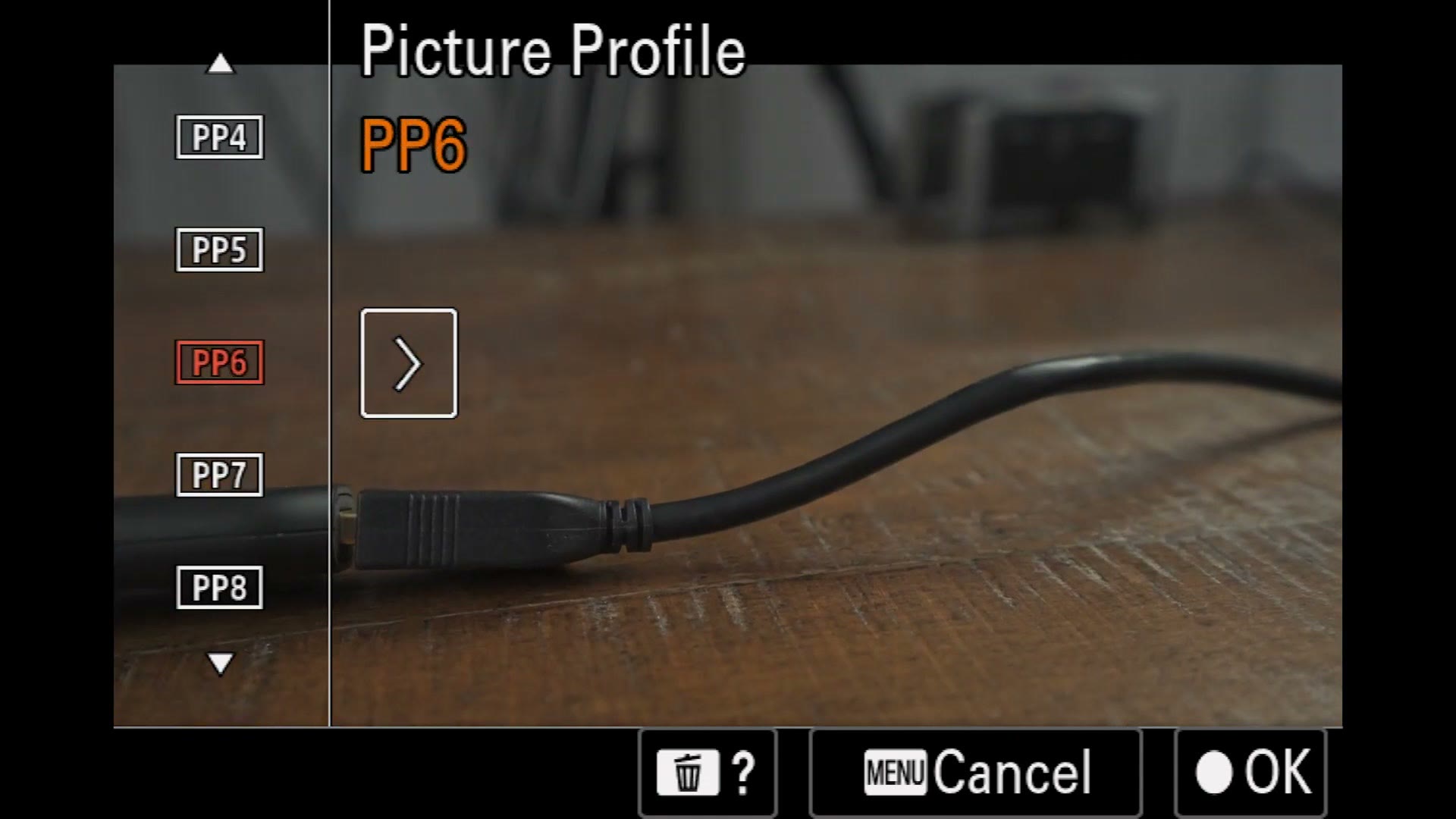 Sony a7 IV Picture Profile selector showing the PP presets