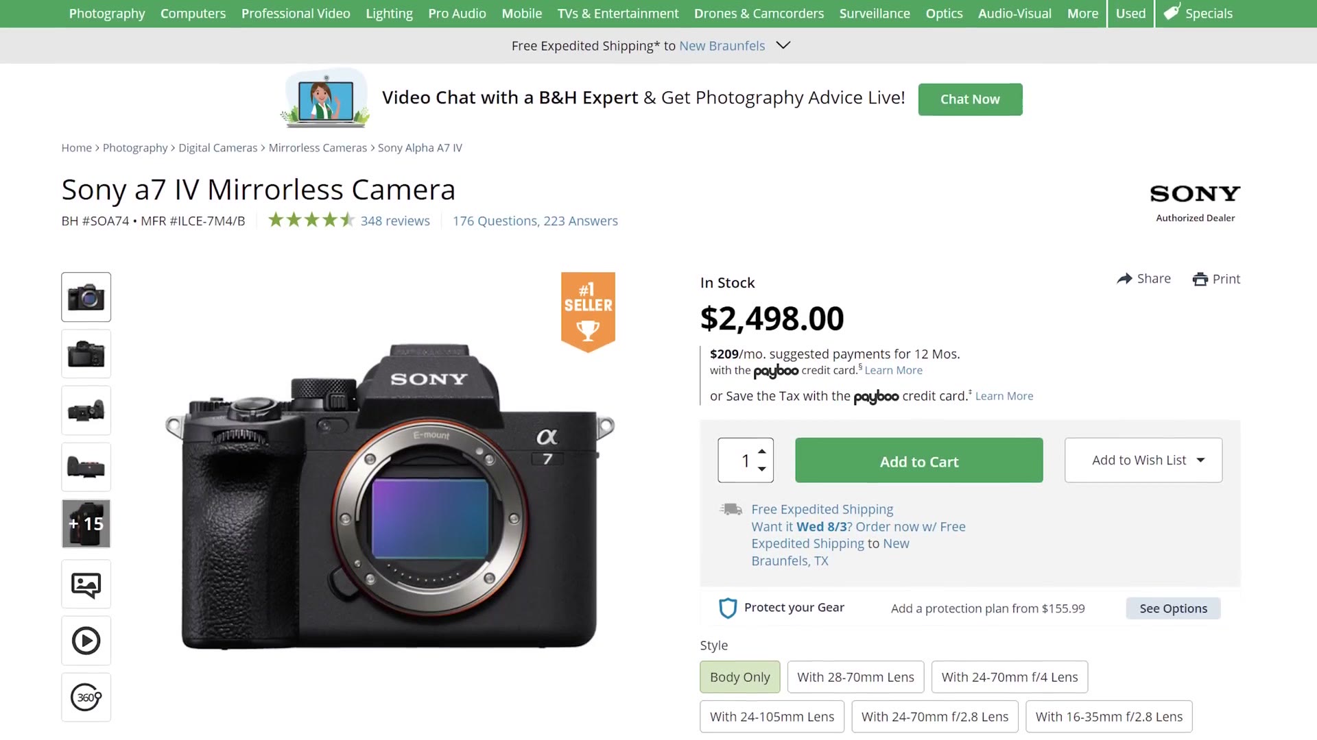 B&H product page showing the Sony a7 IV mirrorless camera priced at $2,498