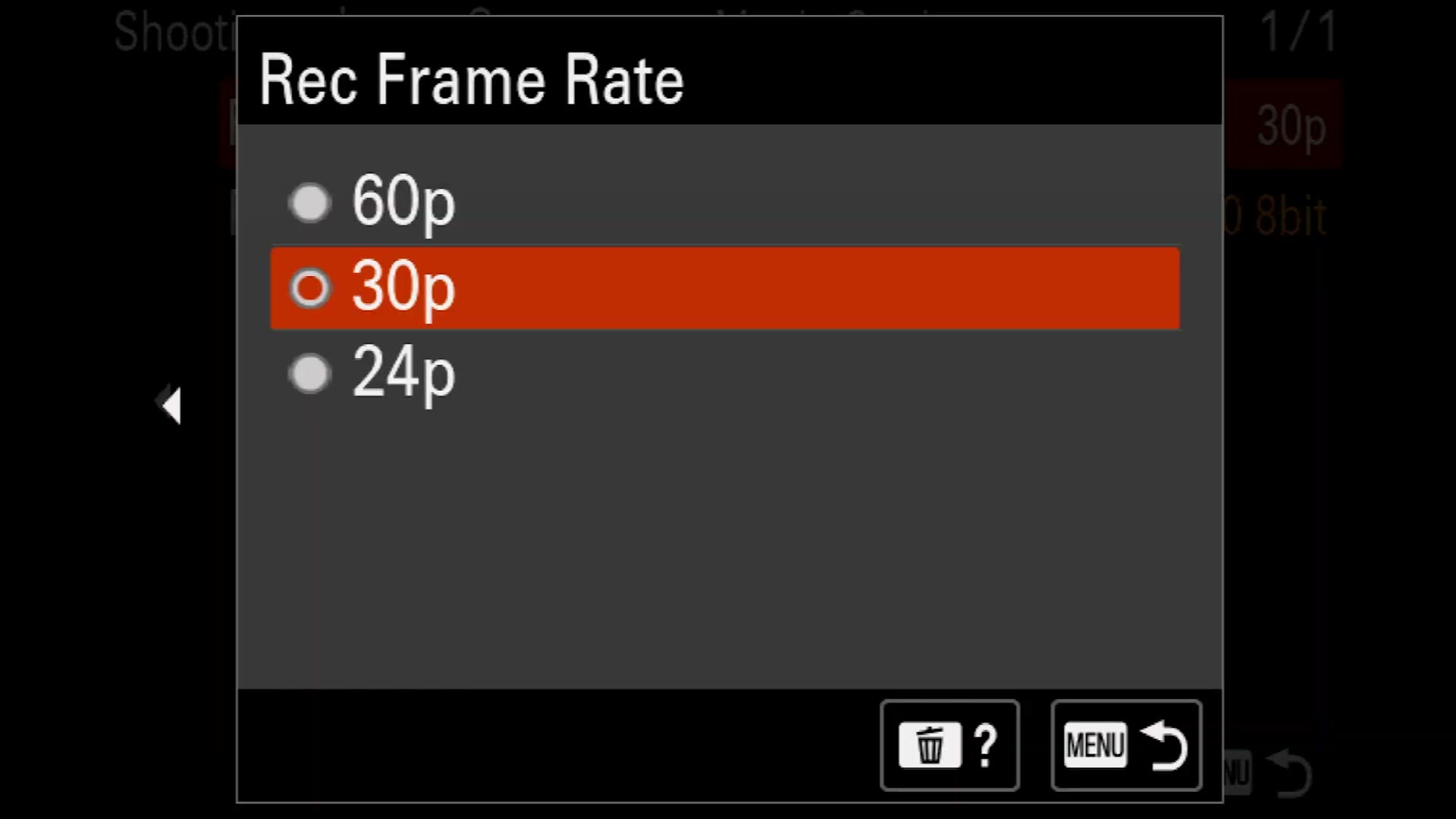 Sony a7 IV Rec Frame Rate menu showing 60p, 30p and 24p