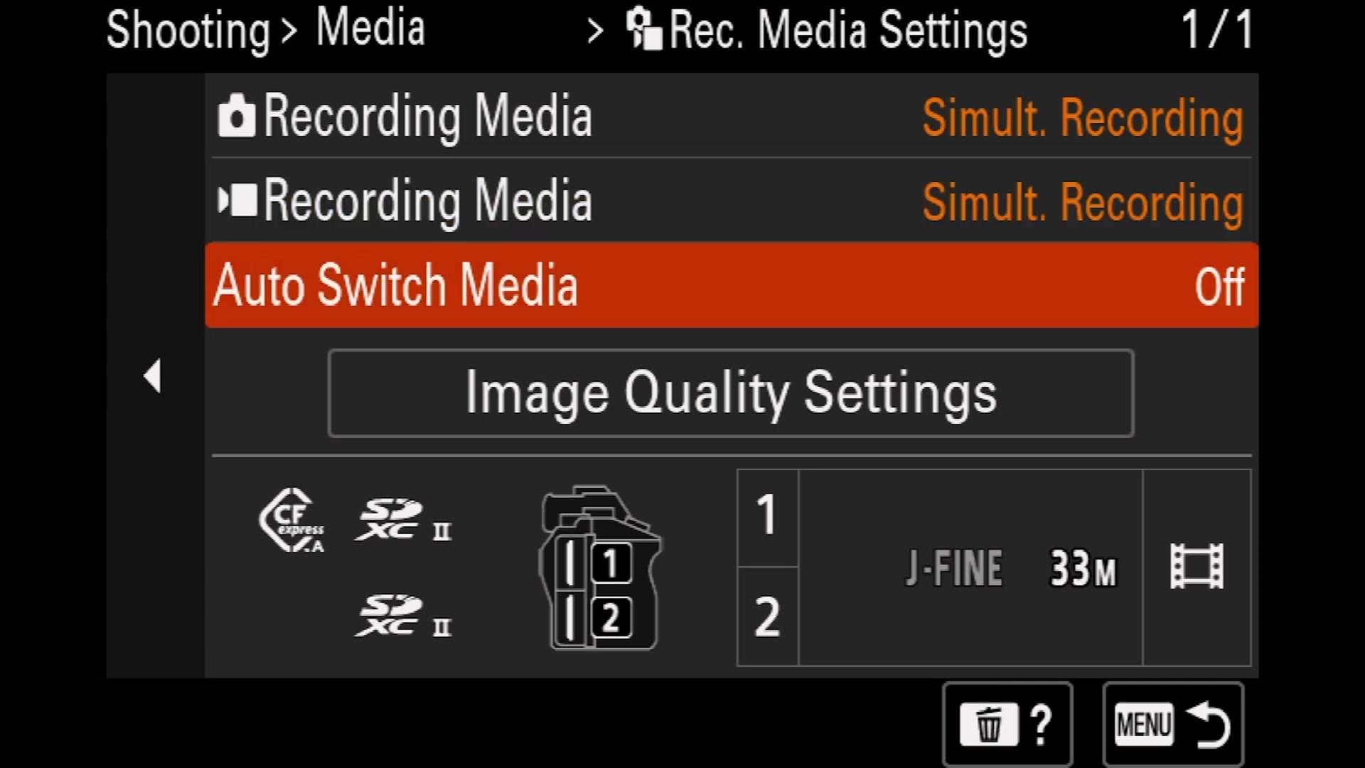 Sony a7 IV Rec Media Settings showing both recording media set to Simultaneous Recording