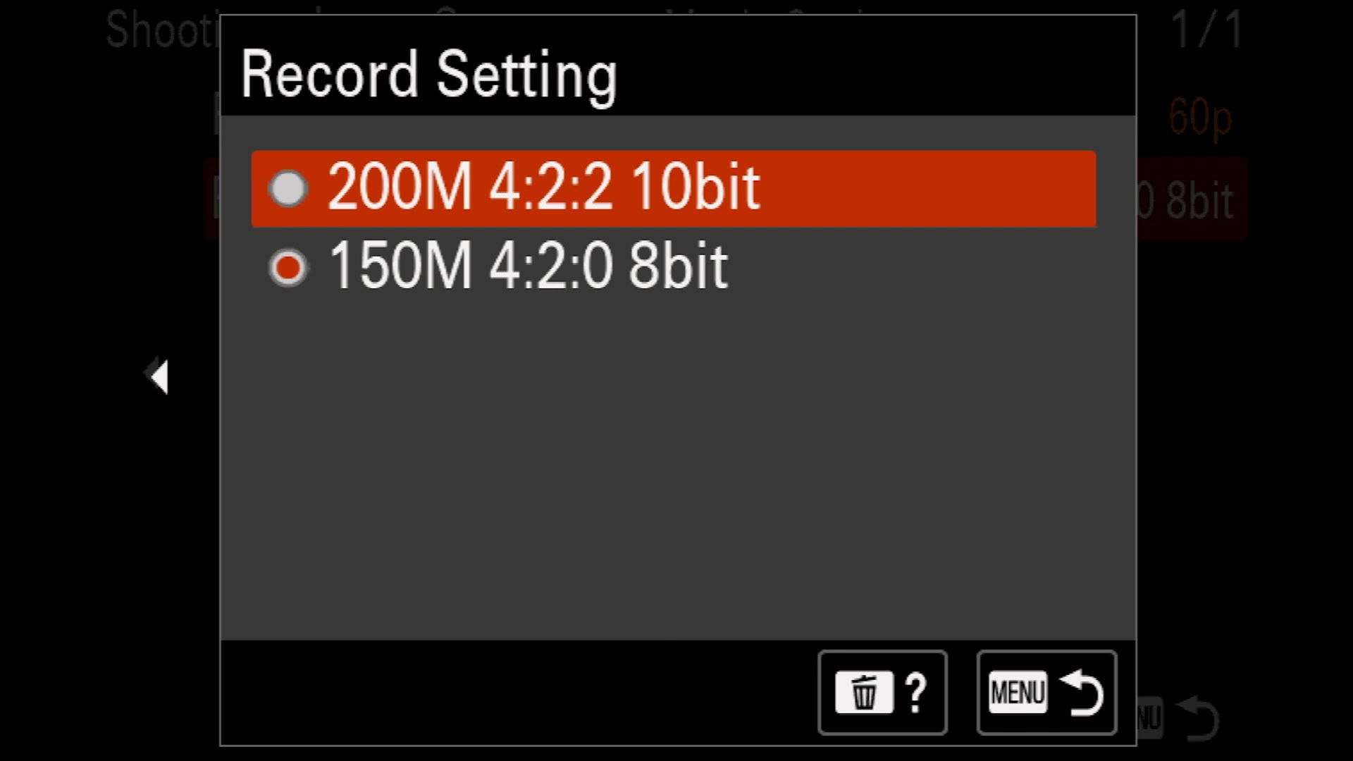 Sony a7 IV Record Setting menu with 200M 4:2:2 10bit selected
