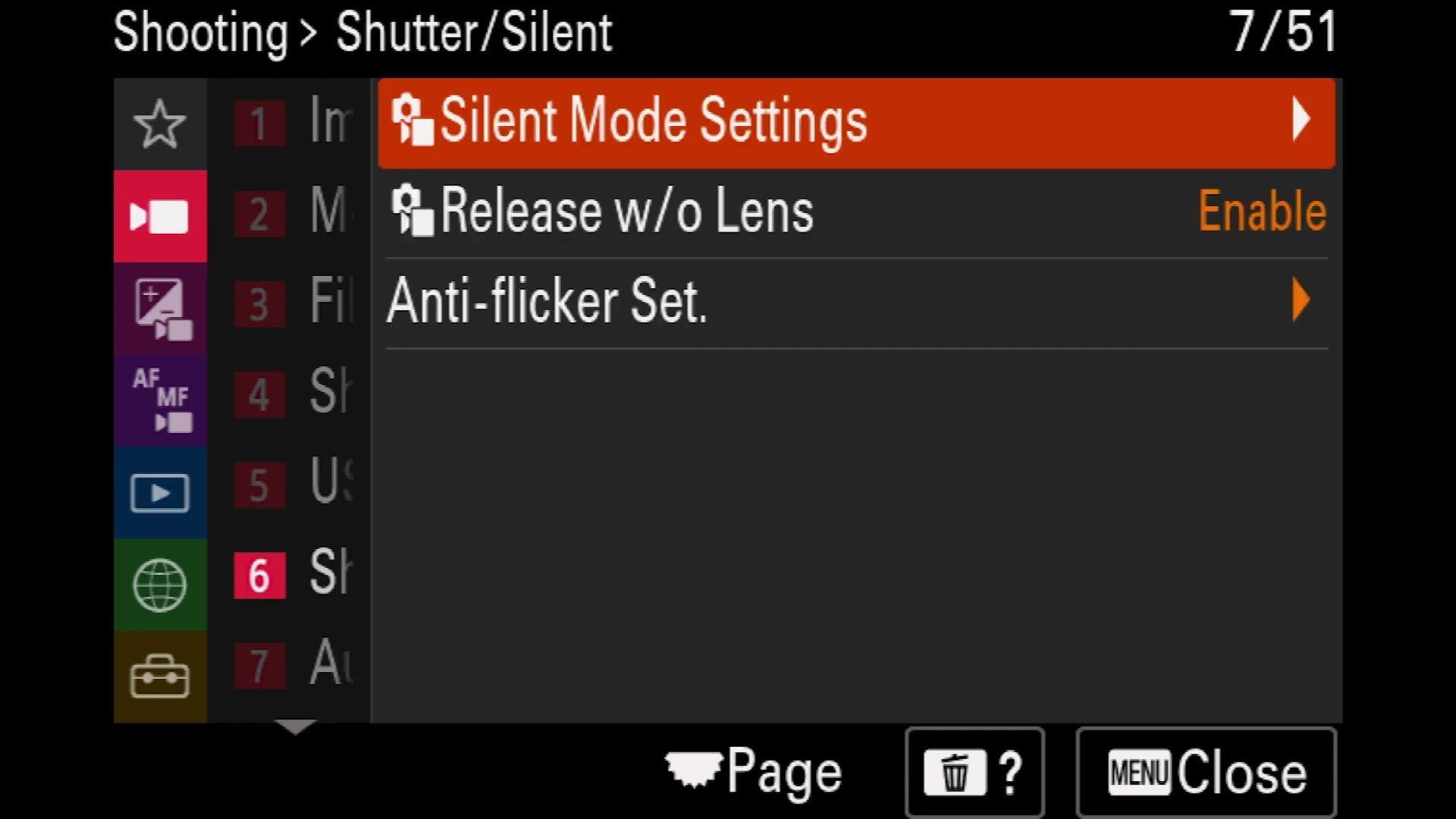 Sony a7 IV Shutter Silent menu with Release w/o Lens set to Enable