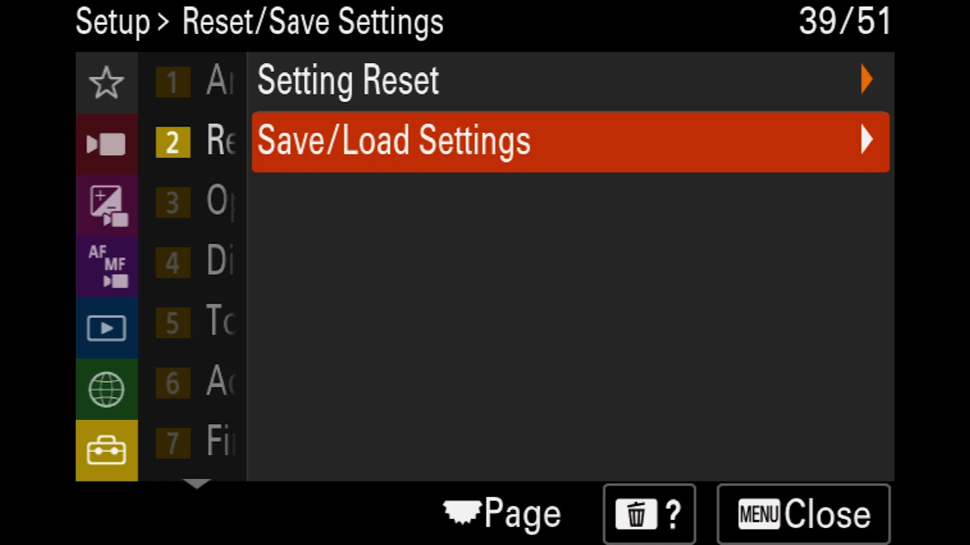 Sony a7 IV Setup menu showing Setting Reset and Save Load Settings