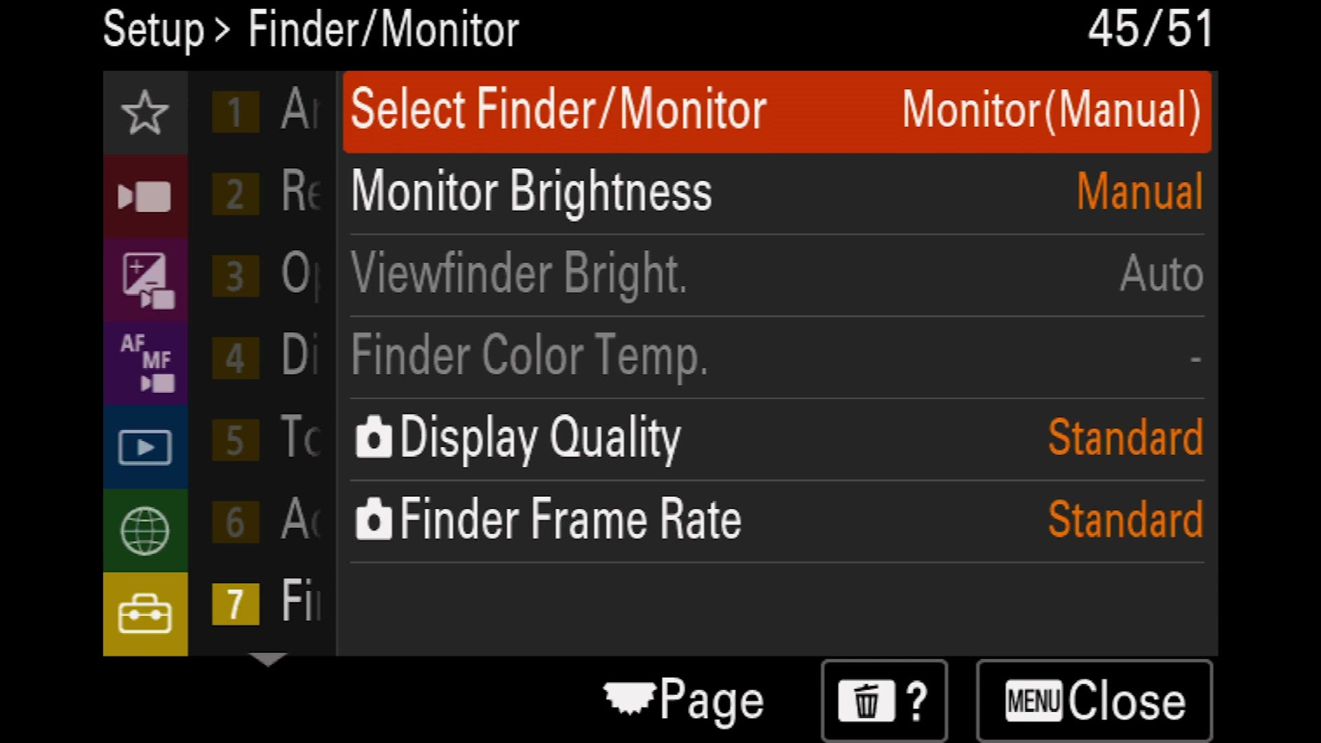 Sony a7 IV Finder Monitor menu set to Monitor Manual
