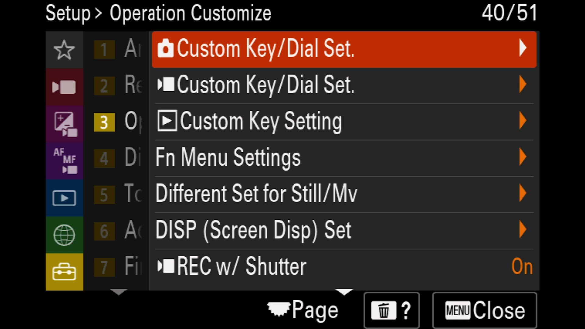 Sony a7 IV Setup Operation Customize menu showing Custom Key Dial Set