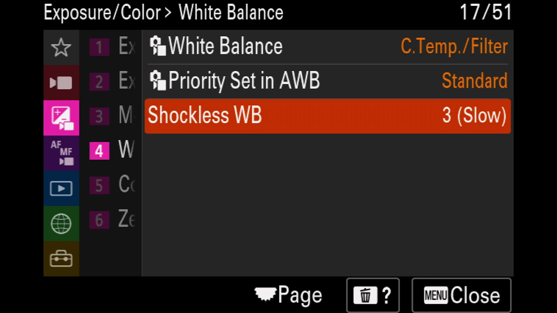 Sony a7 IV White Balance menu with Shockless WB set to 3 Slow