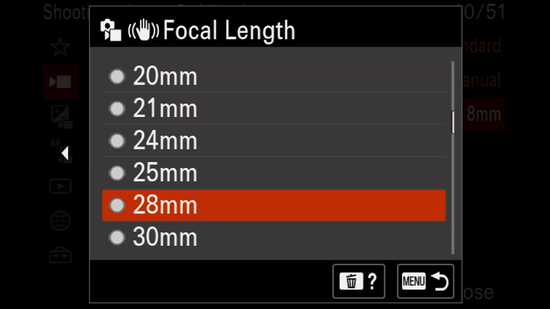 Sony a7 IV focal length list for setting stabilization with a manual lens