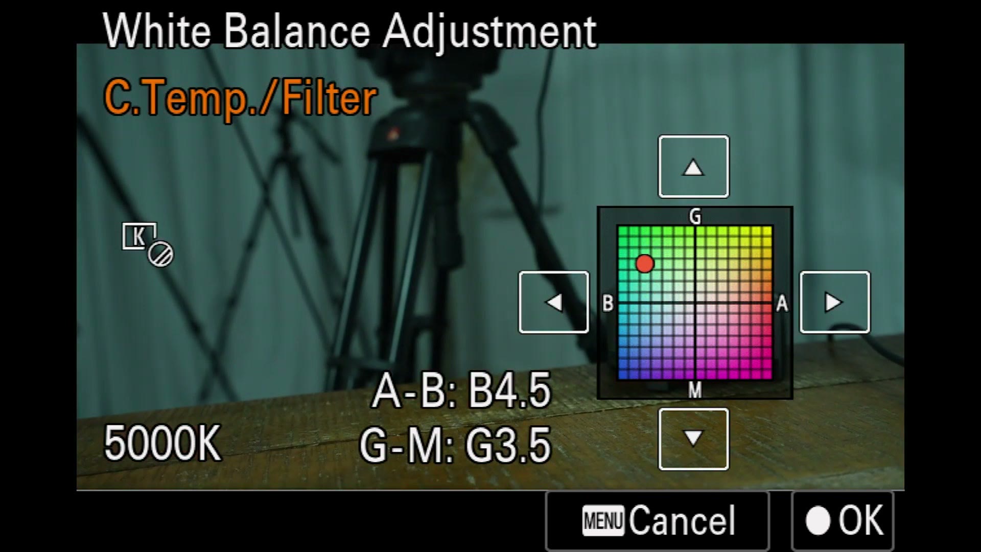 Sony a7 IV white balance adjustment grid at 5000K with green and magenta shift