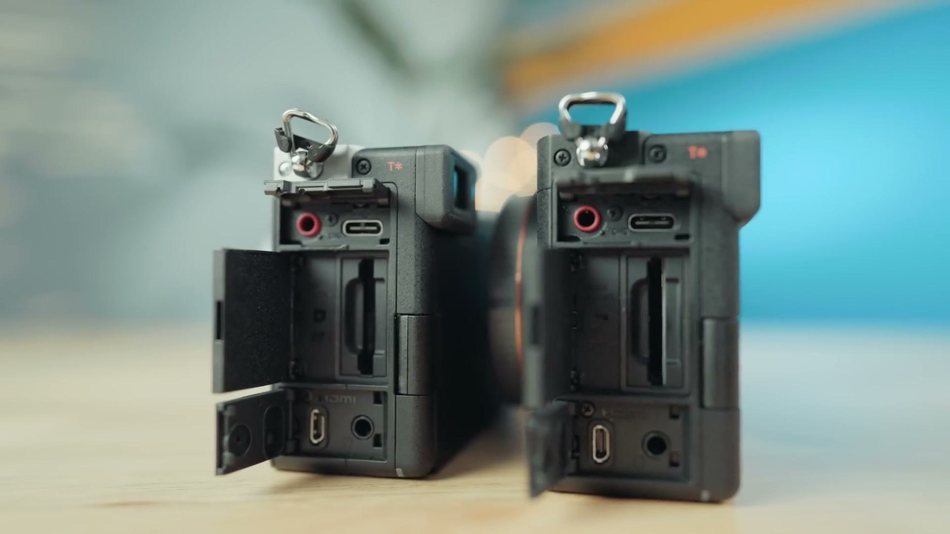 The Sony a7C II and a7C R side by side showing the micro HDMI port and single SD card slot
